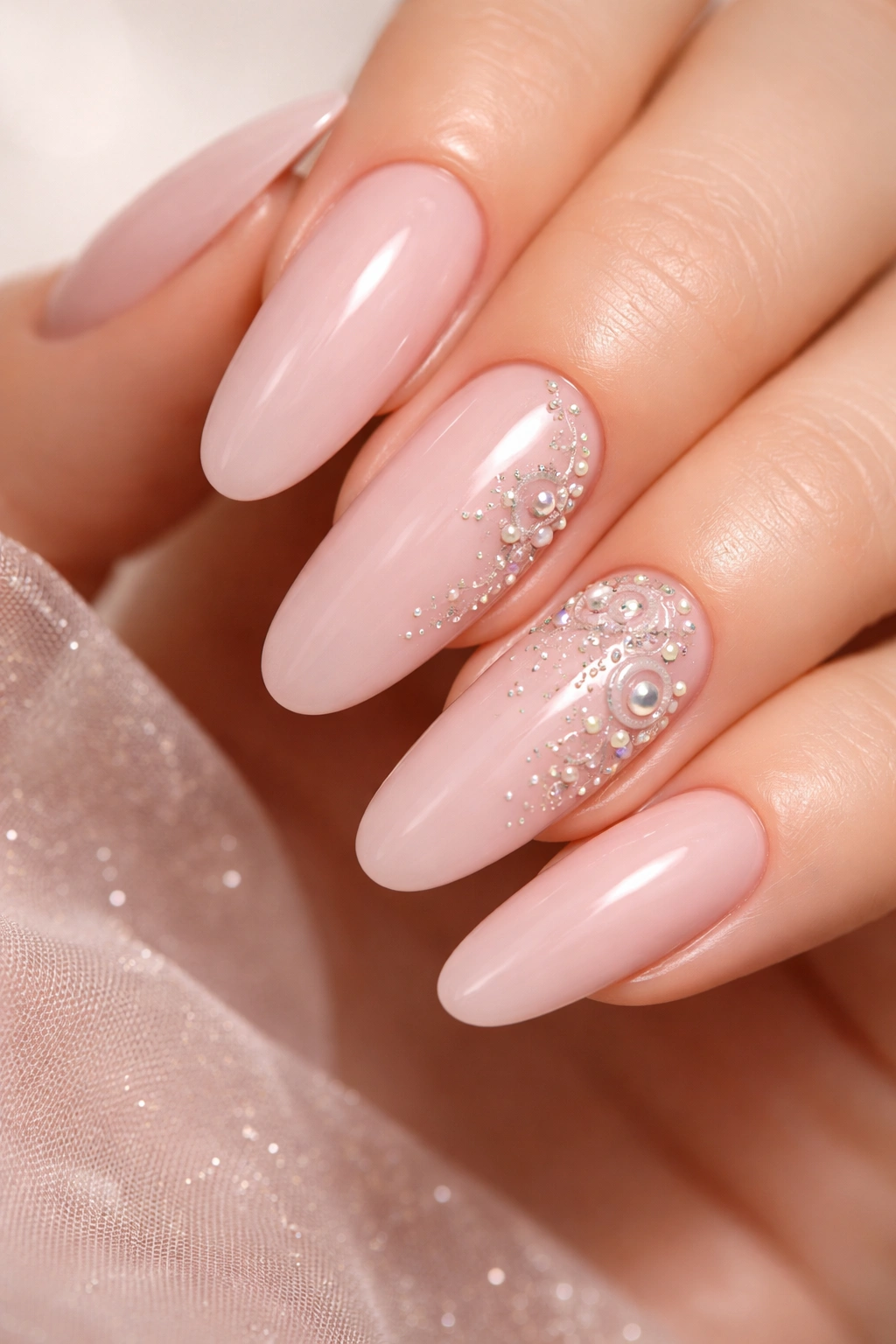Close-up of long oval nails in blush pink with 3D rhinestones and raised embellishments.