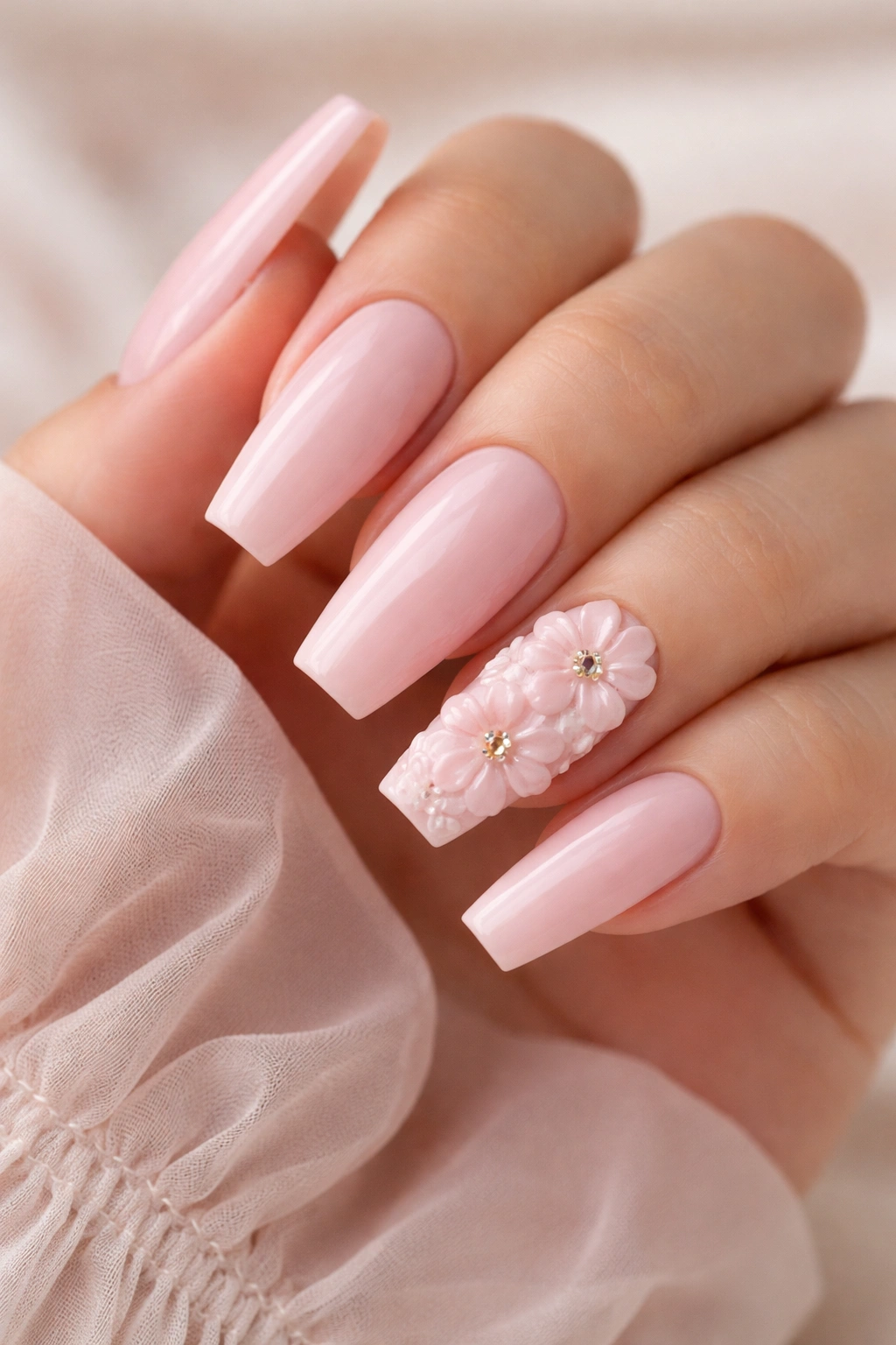 Close-up of blush pink coffin nails with 3D flower accents