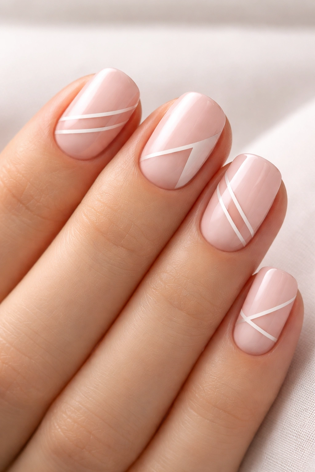 Close-up of blush pink nails with negative-space geometric shapes on short squoval nails