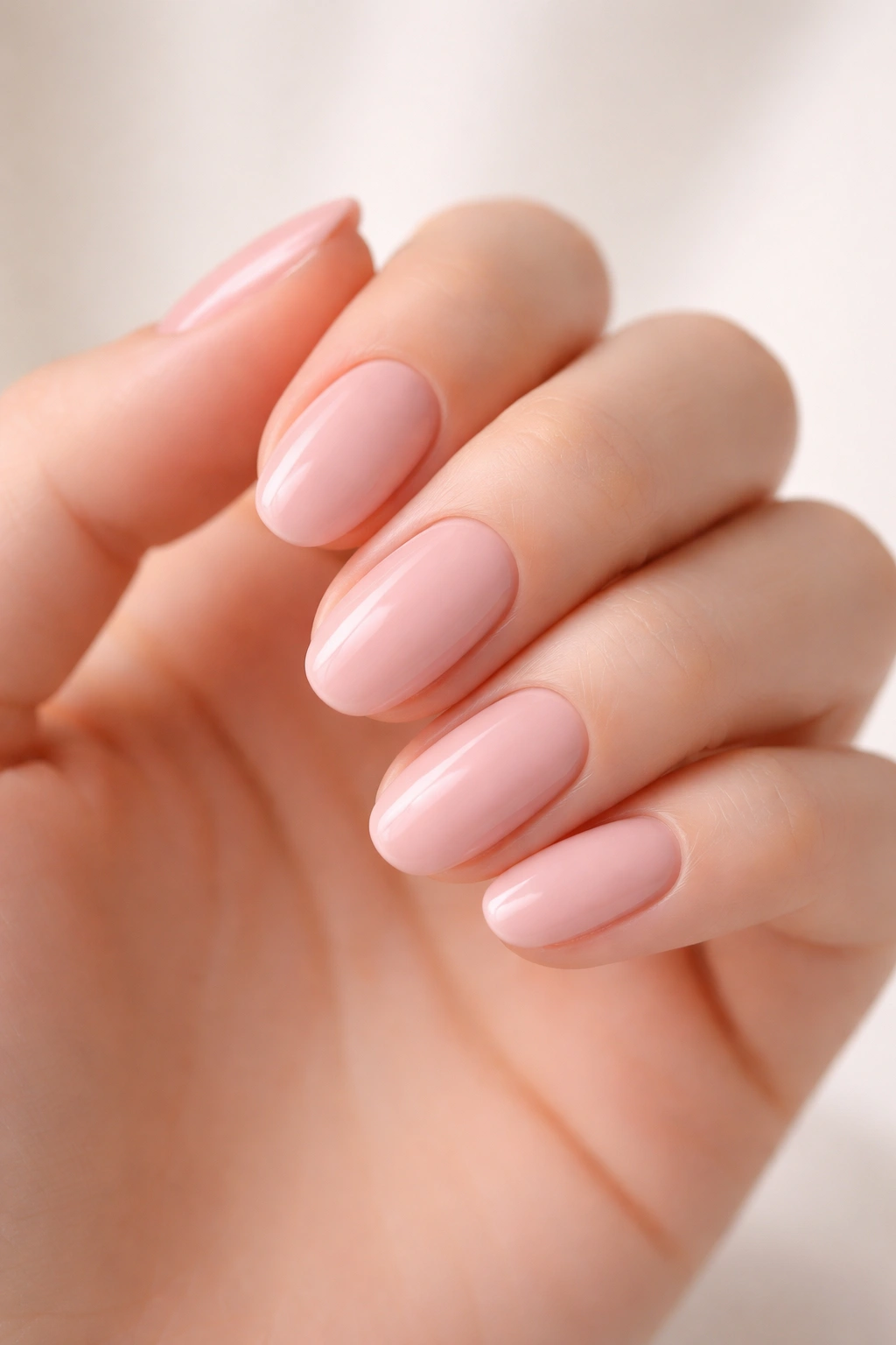 Close-up of soft blush pink nails in soft natural light