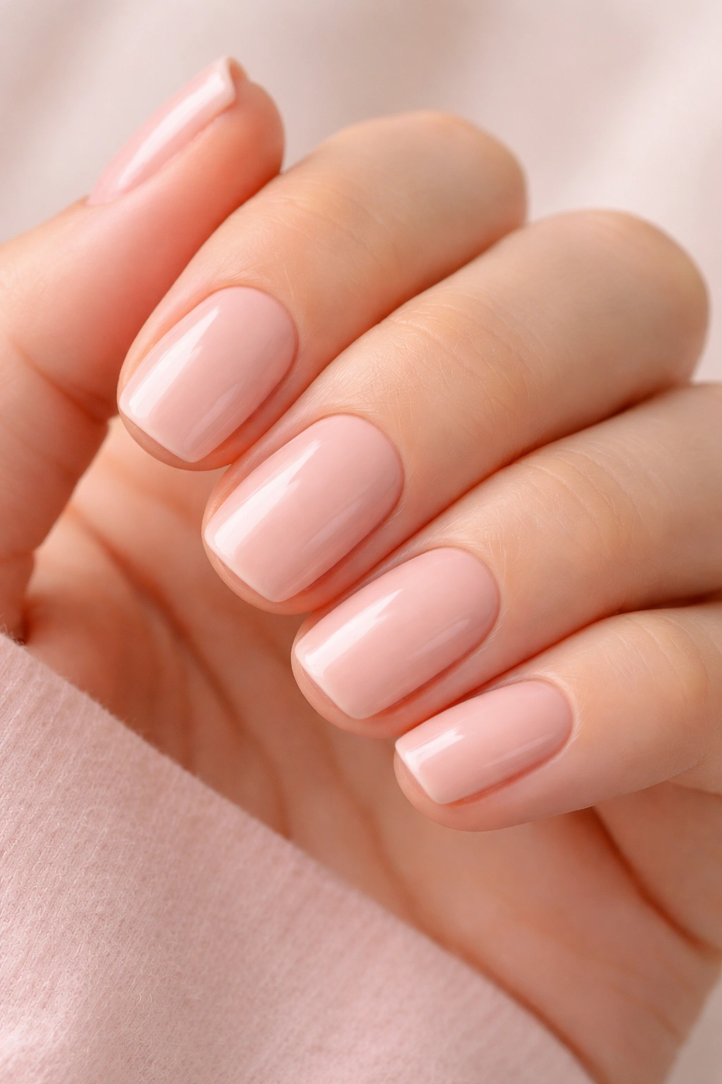 Close-up of soft blush pink squoval nails on a hand