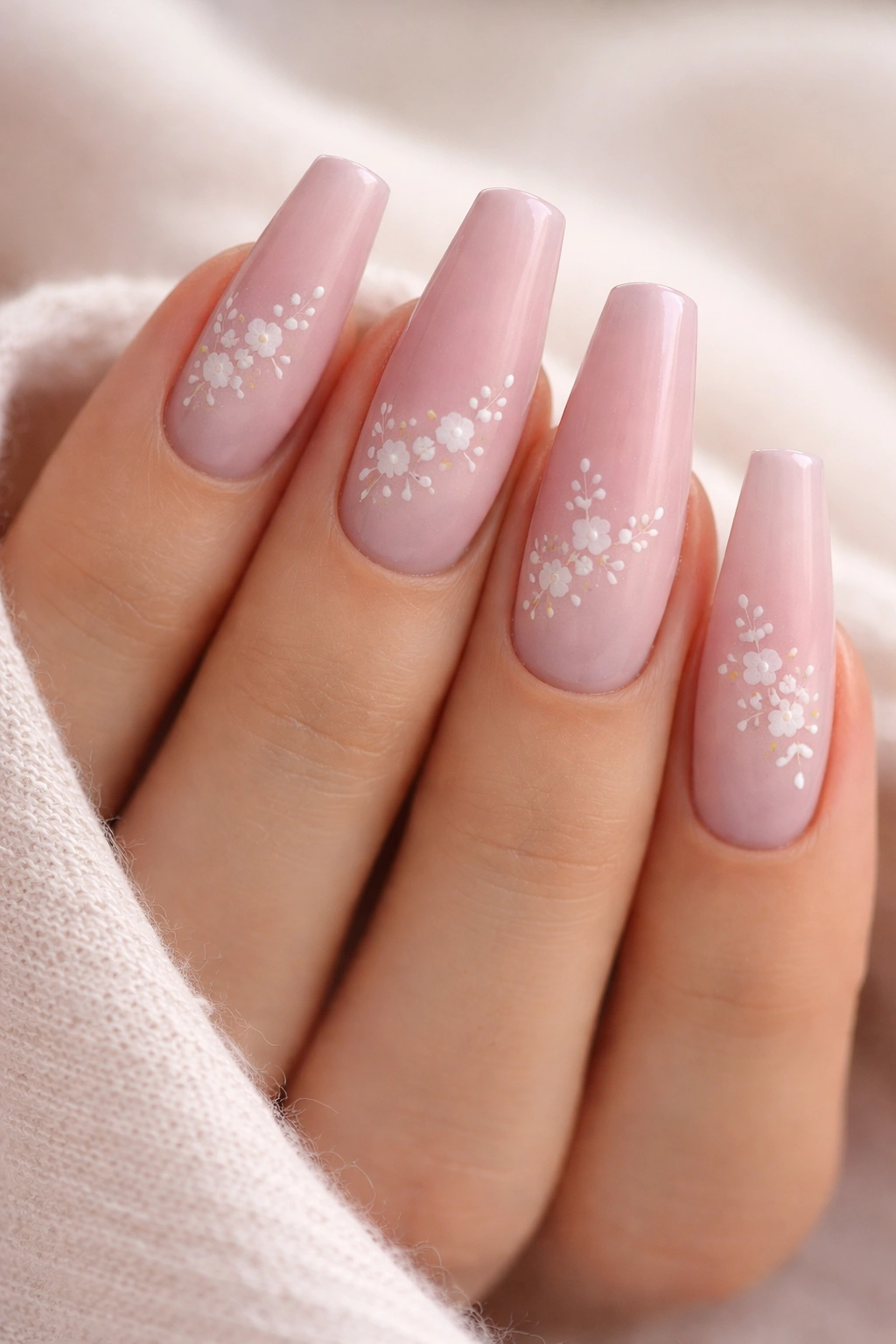 Blush pink ombre coffin nails with delicate white floral accents