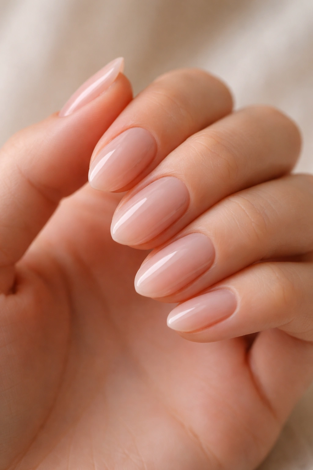 Close-up of short almond nails with translucent blush pink polish