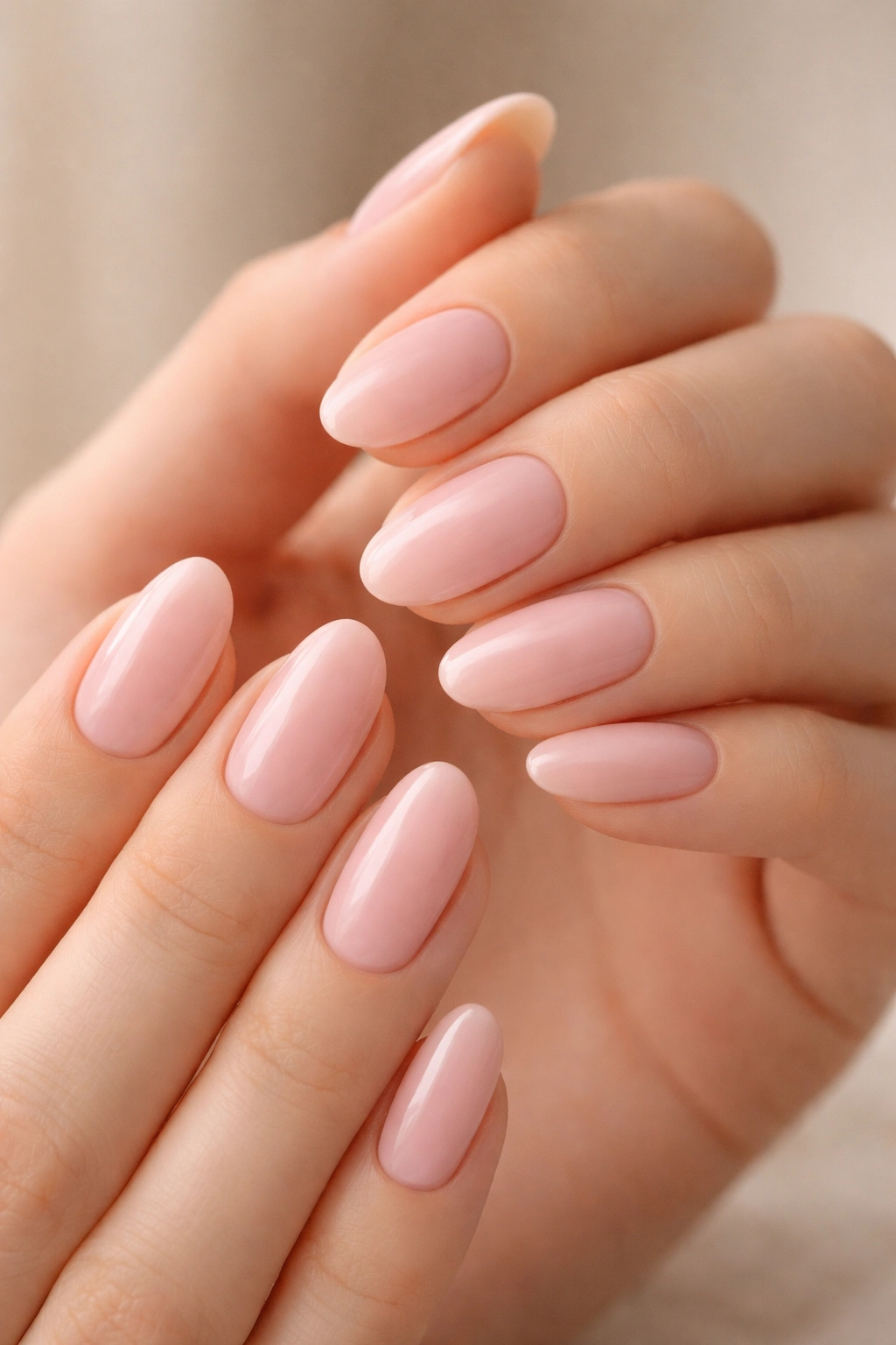 Close-up of hands showing blush pink short almond nails