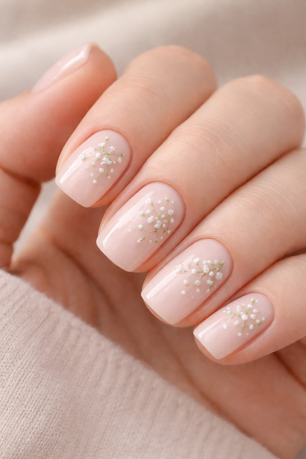 Blush pink nails with tiny white and pale green baby's breath floral details.