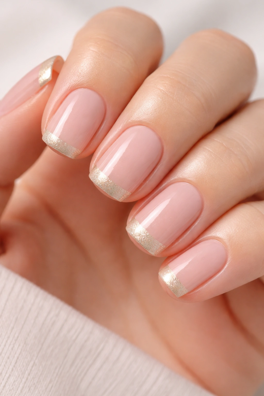 Close-up of blush pink nails with champagne tip on short squoval shape