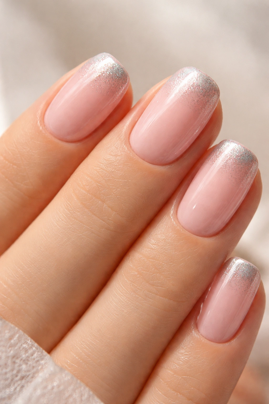 Close-up of blush pink nails with chrome shimmer on tips