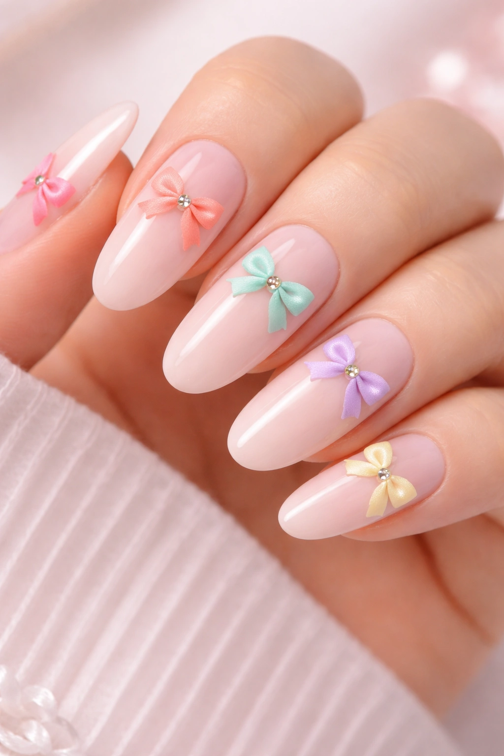 Close-up of blush pink nails with varied colorful bows on each nail.