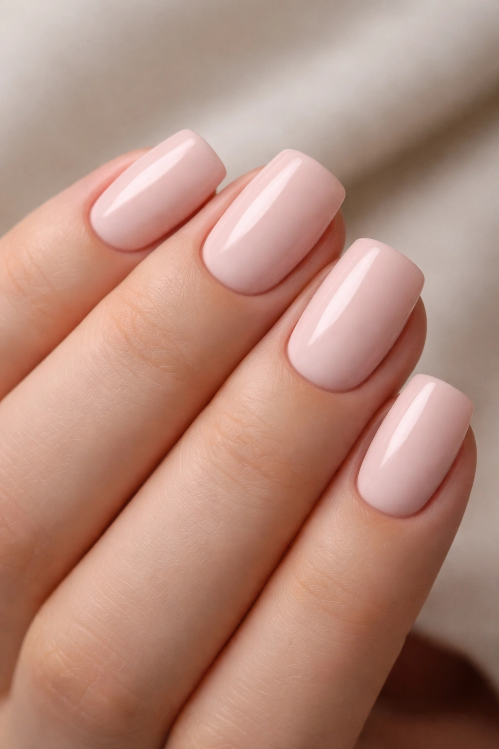 Close-up of short soft square nails in Soft Blush Pink Creme