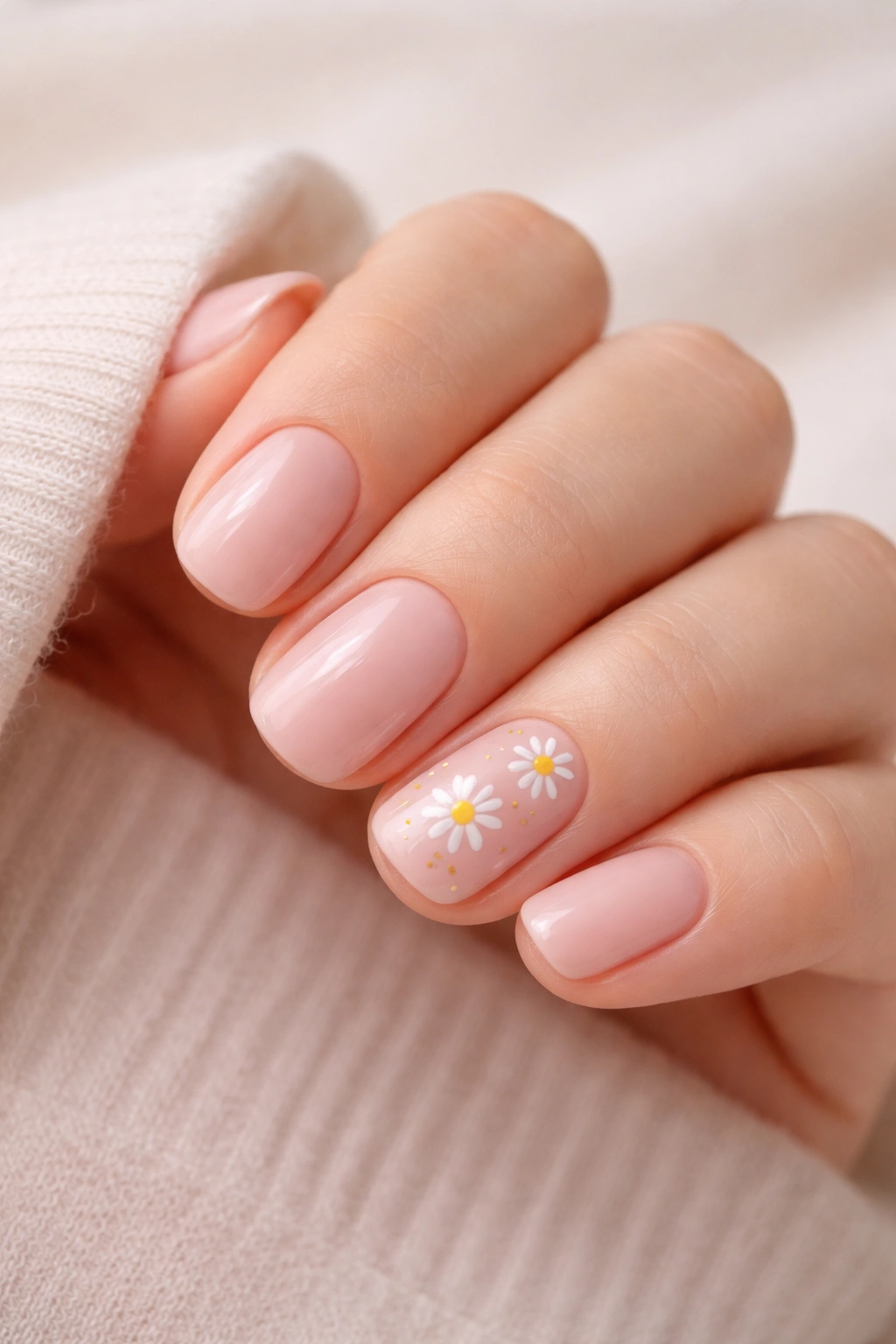 Close-up of short nails in blush pink with tiny white daisies