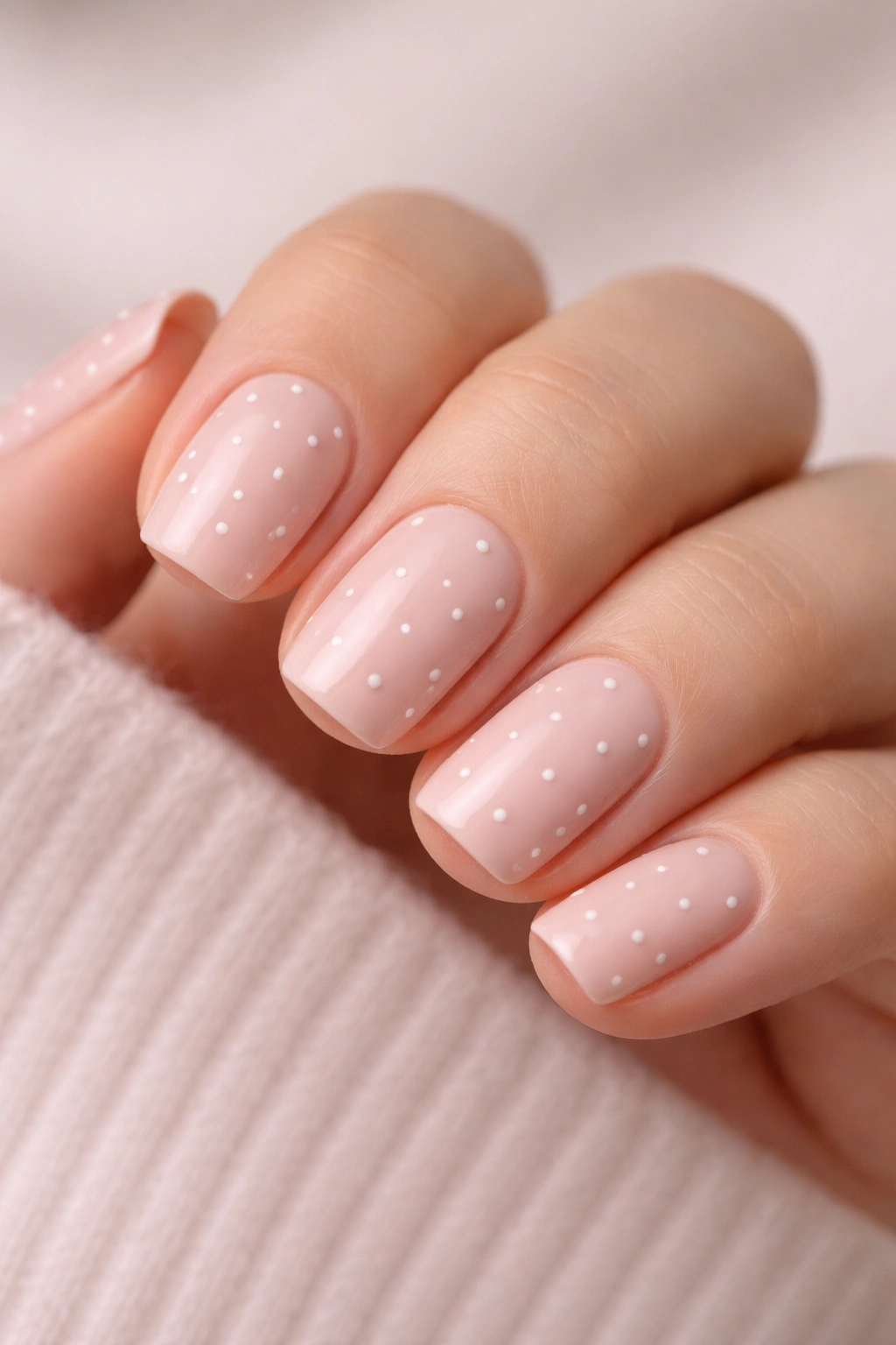 Close-up of short squoval nails in blush pink with tiny white dots