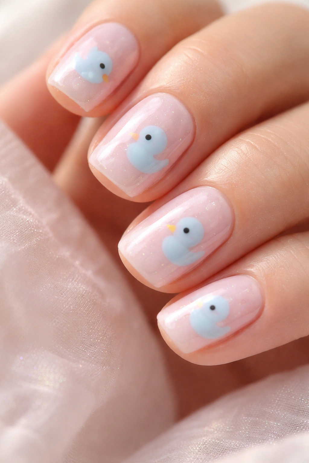 Blush pink nails with baby blue duck designs and pearlescent finish.
