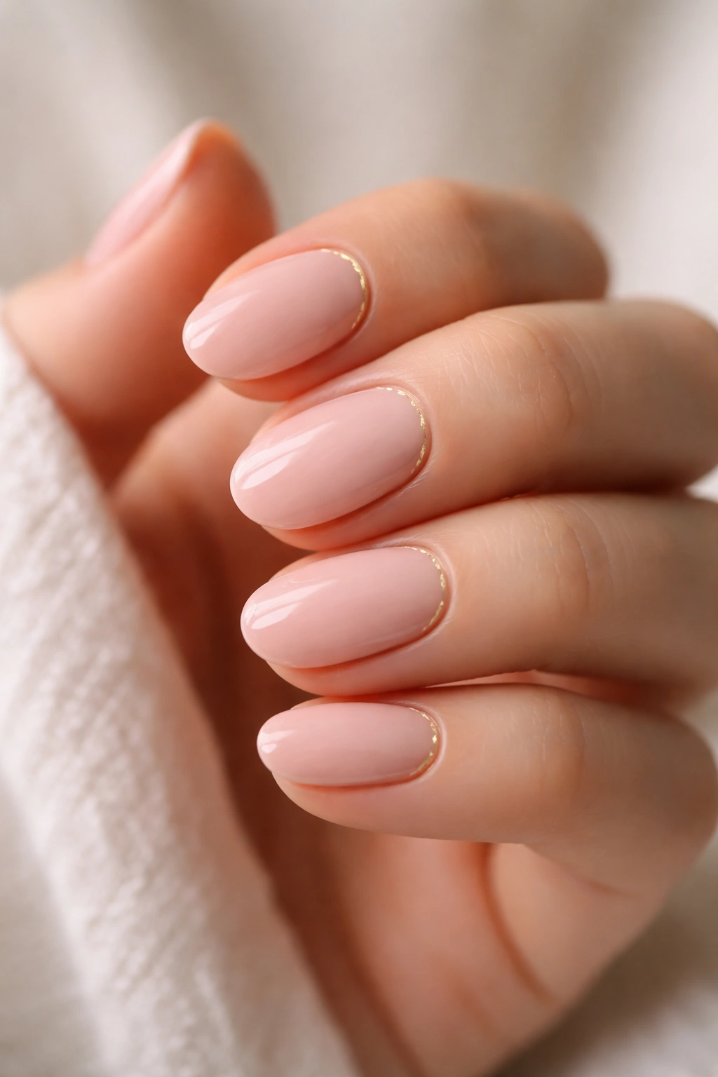 Close-up of blush pink nails with a thin gold line on a neutral backdrop