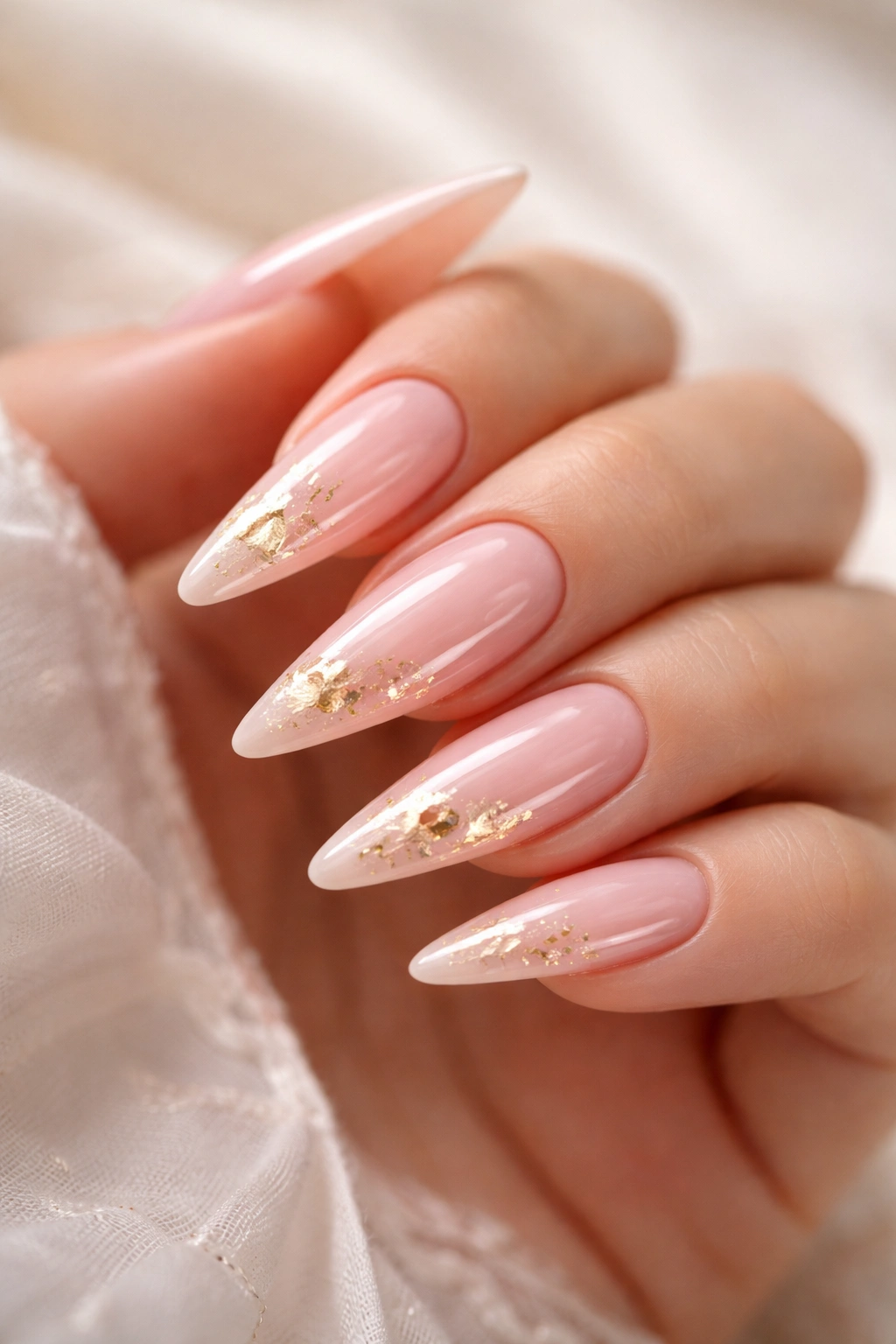 Close-up of blush pink nails with gold foil accents on stiletto nails