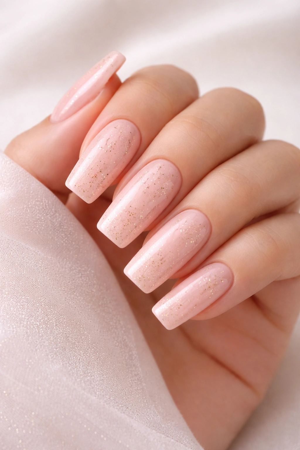 Close-up of blush pink long squoval nails with gold freckles