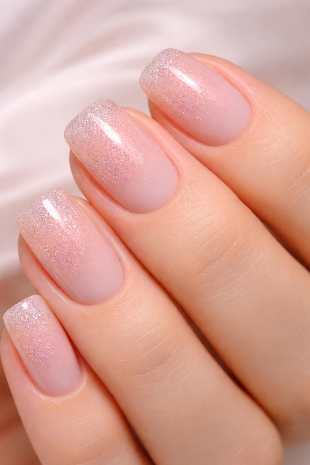 Close-up of blush pink nails with subtle glitter gradient from mid-nail to tip