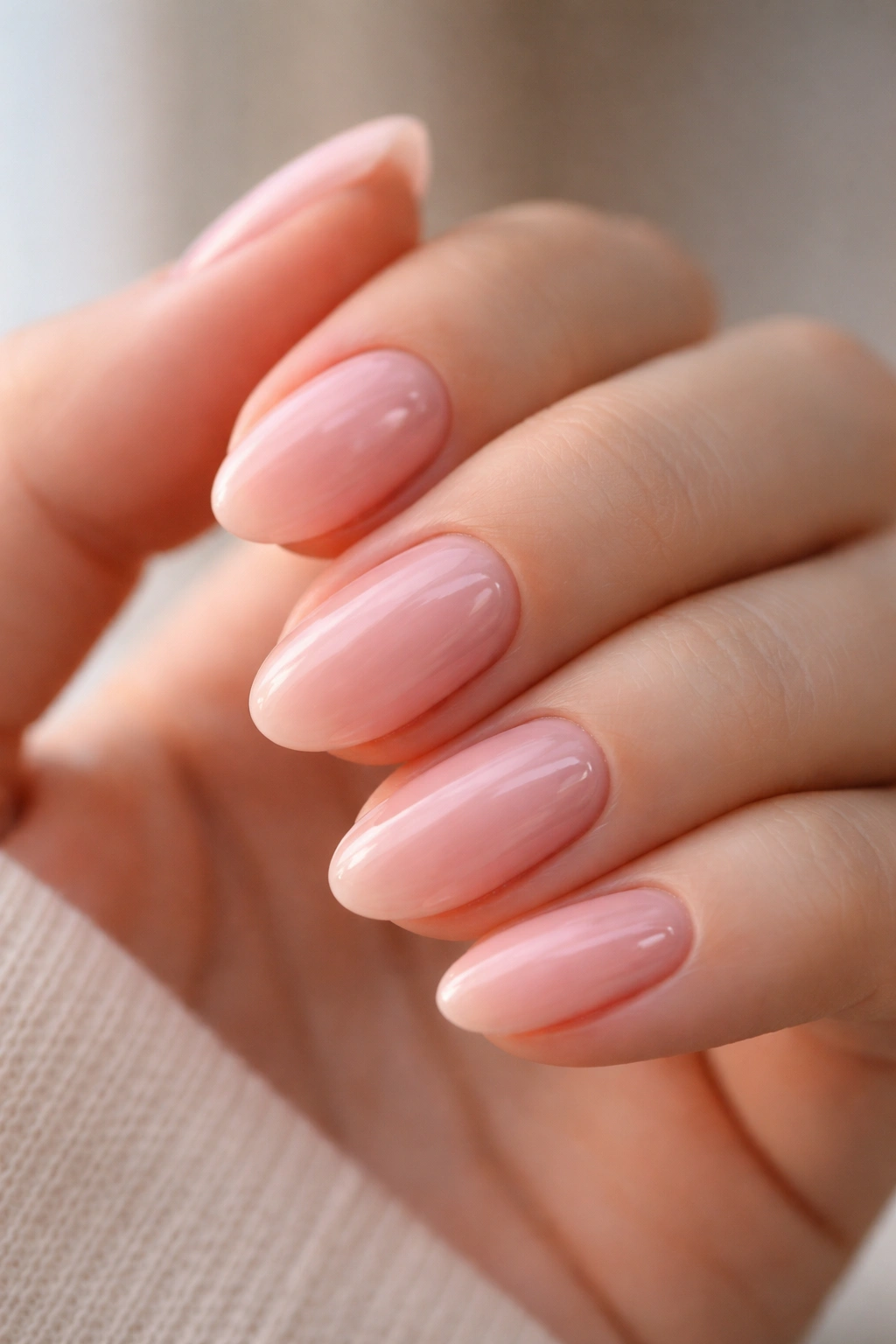 Close-up of short almond nails blush pink with glossy finish