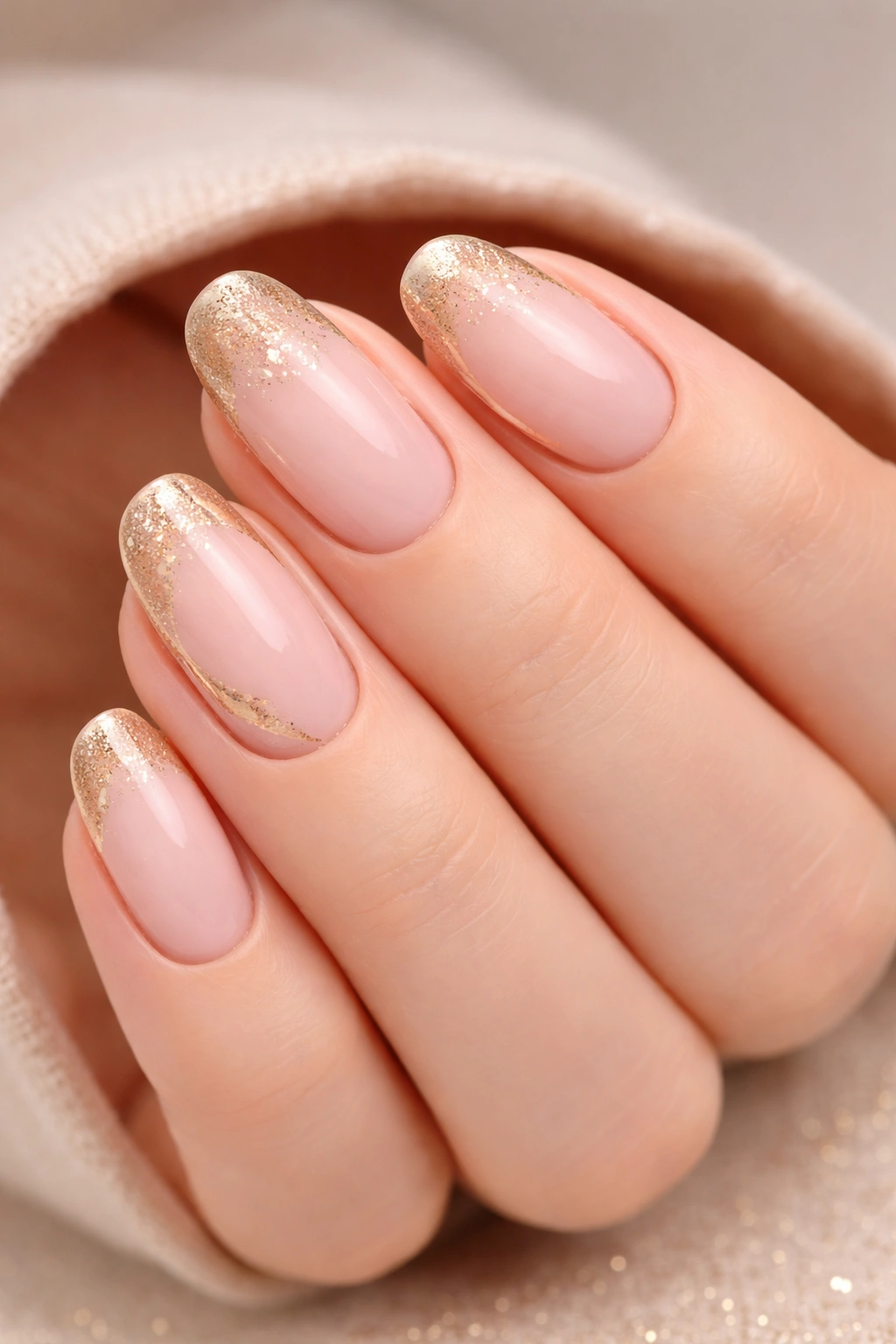Close-up of blush pink nails with gold line accents
