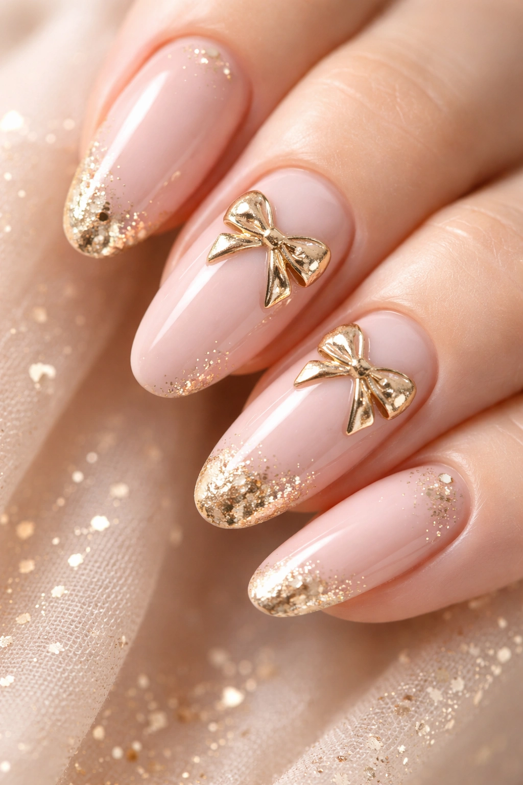 Blush pink nails with gold metallic bow designs