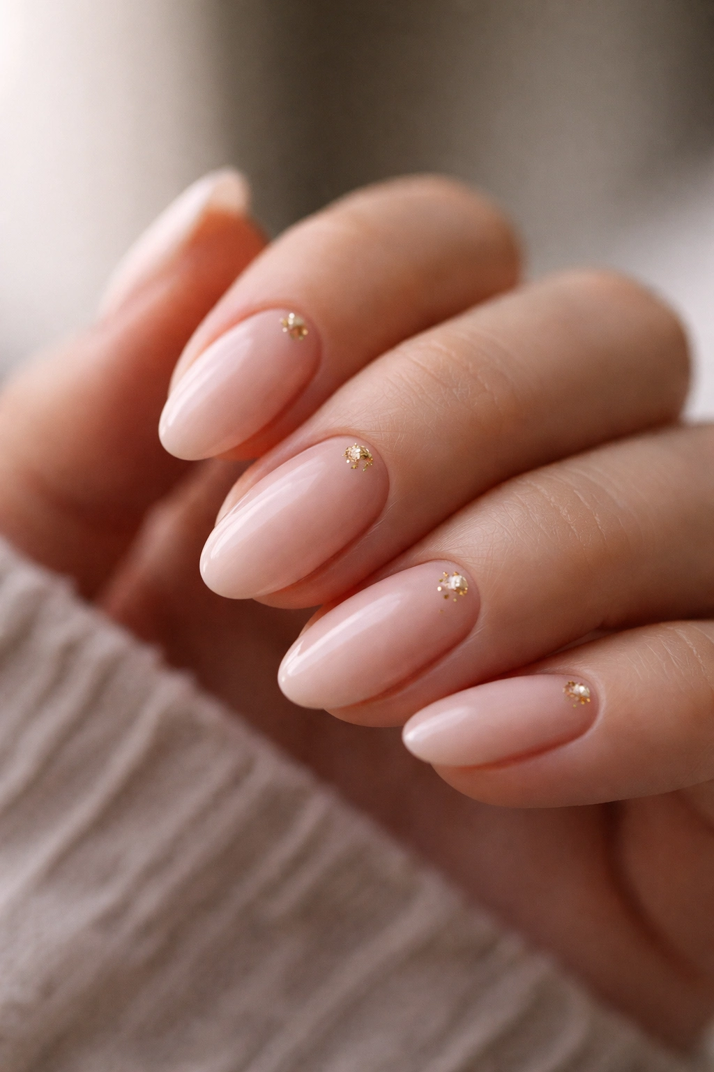 Short almond nails with blush pink base and a small gold foil fleck near the cuticle.