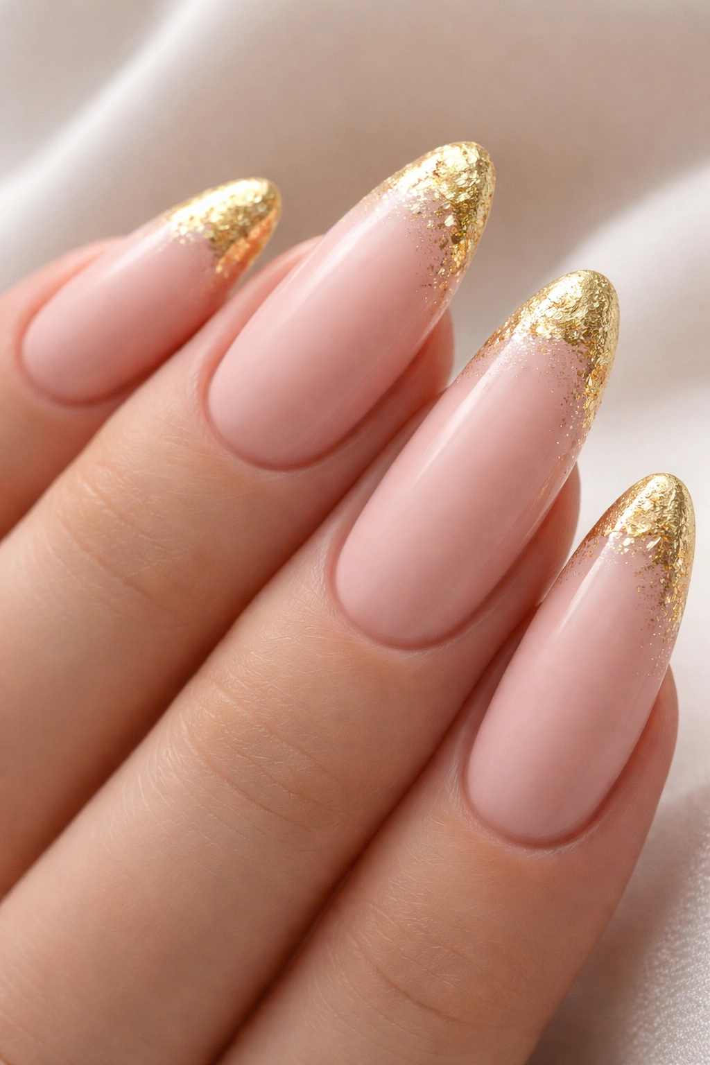 Close-up of long almond nails with soft matte blush-pink base and gold leaf tips