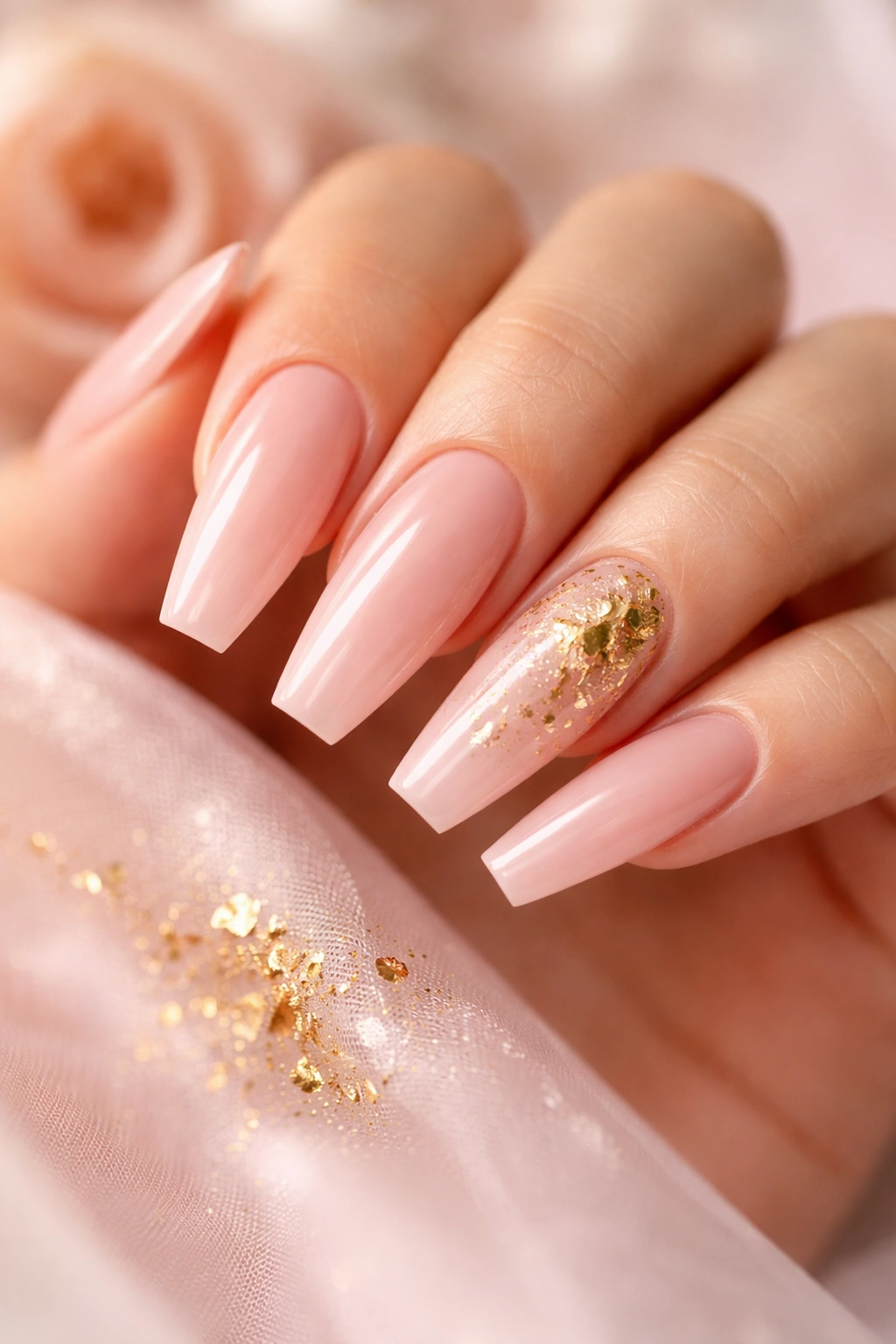 Close-up of blush pink coffin nails with gold leaf accents