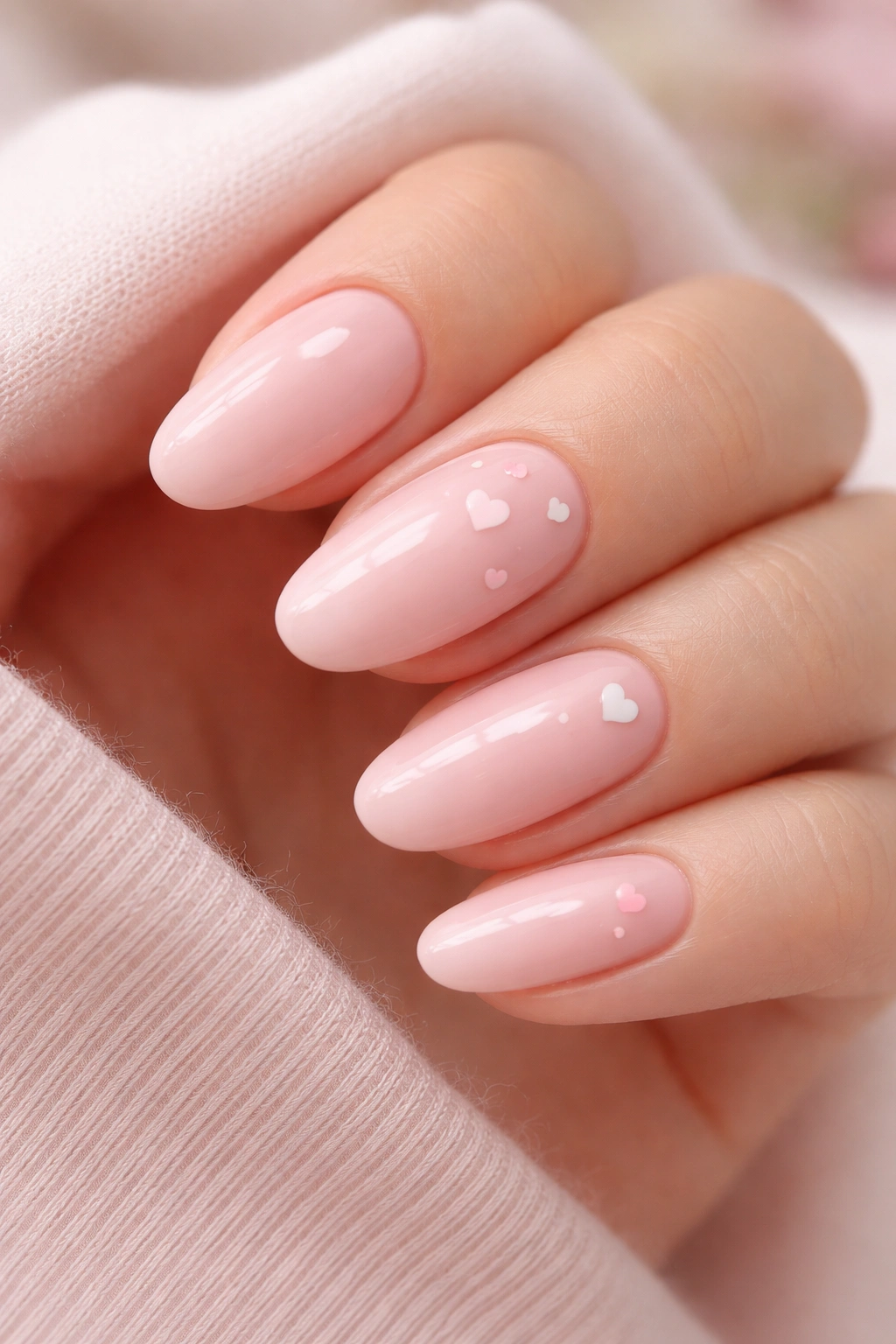 Close-up of blush pink nails with tiny heart accents.