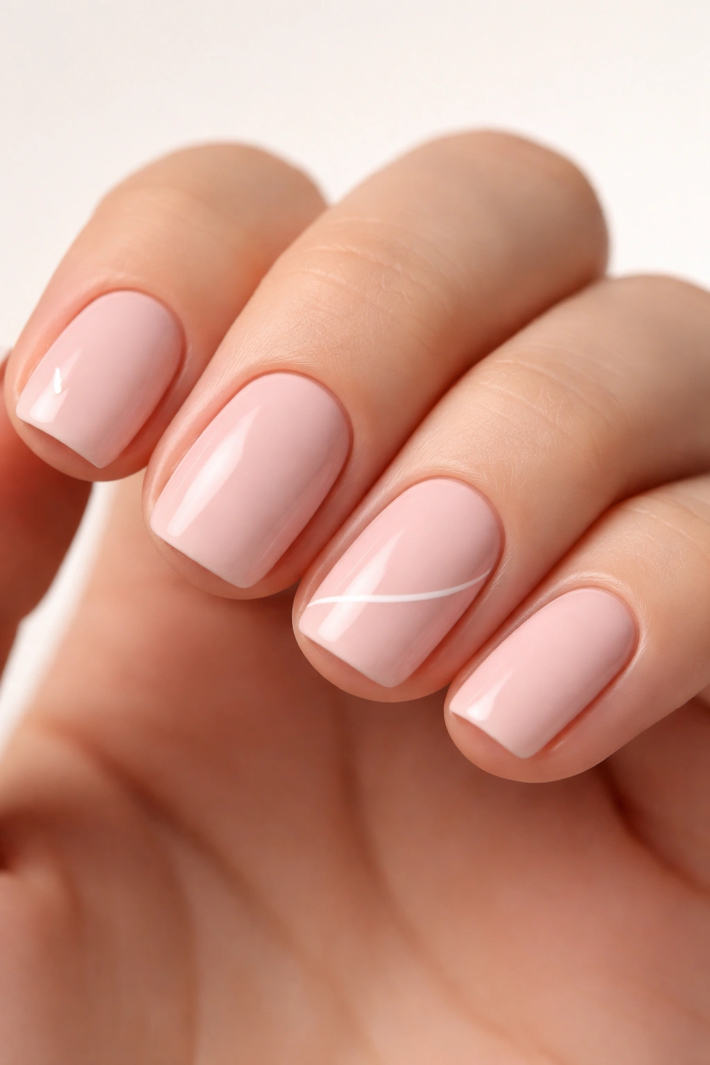 Close-up of blush pink squoval nails with a minimalist white line