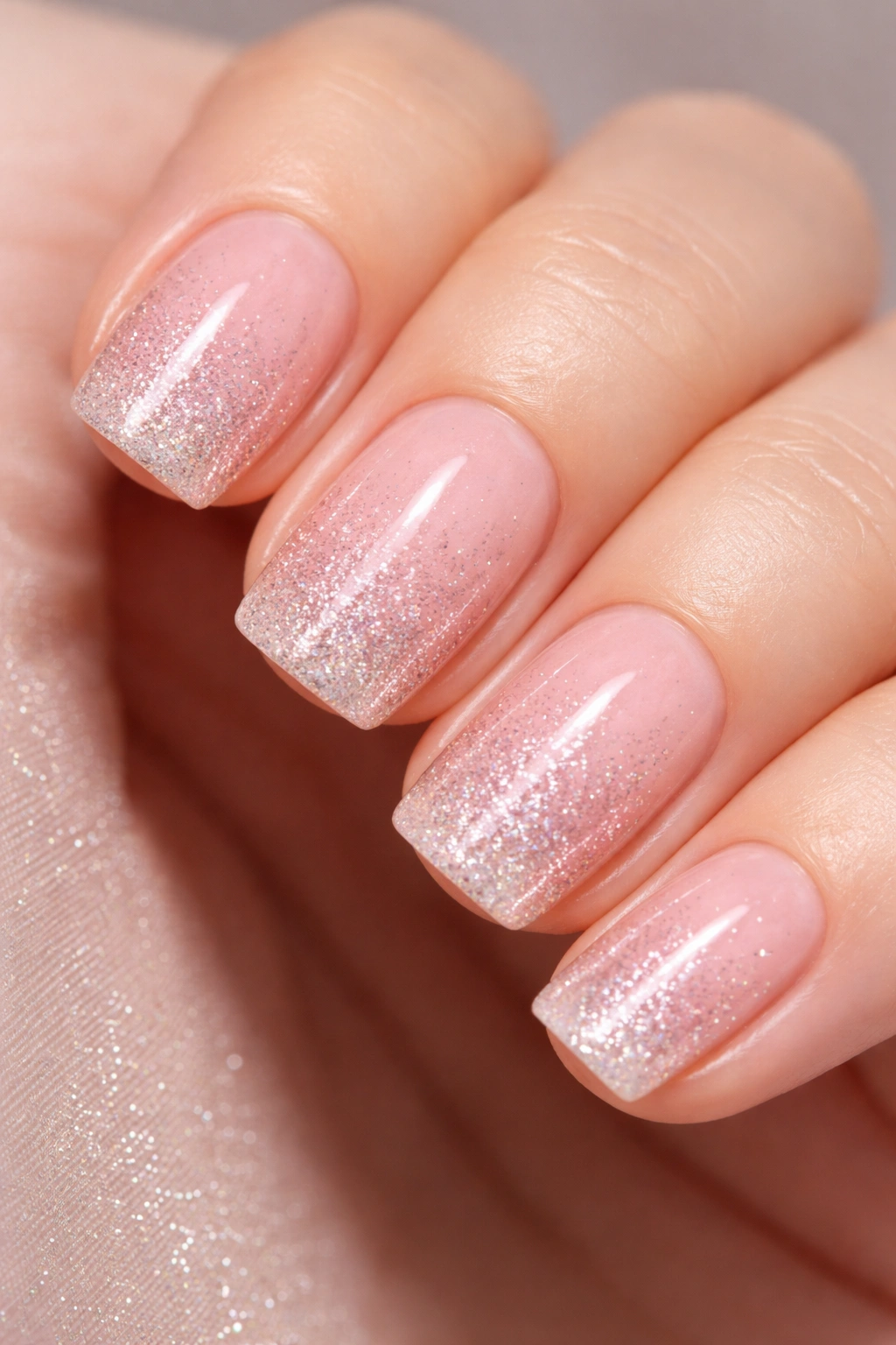 Close-up of blush pink nails with micro glitter gradient on short squoval nails