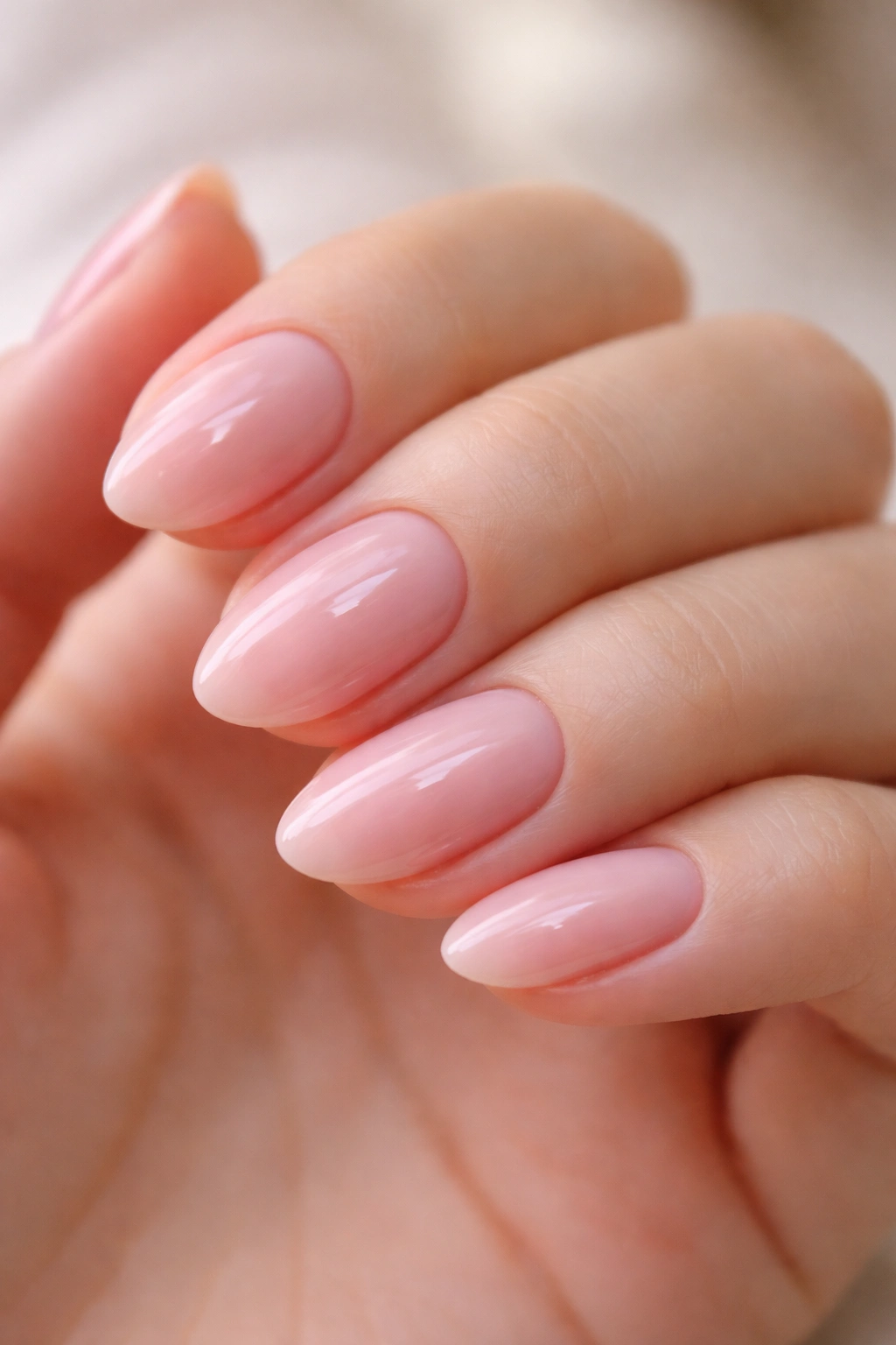 Short almond nail in blush pink with micro gloss finish
