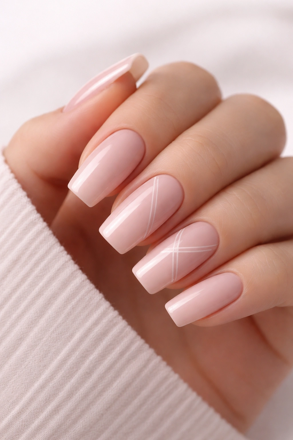 Blush pink rounded-square nails with subtle white line accents