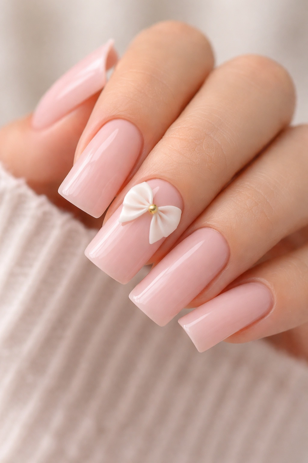 Duck nails with blush pink base and single minimalist bow on ring finger