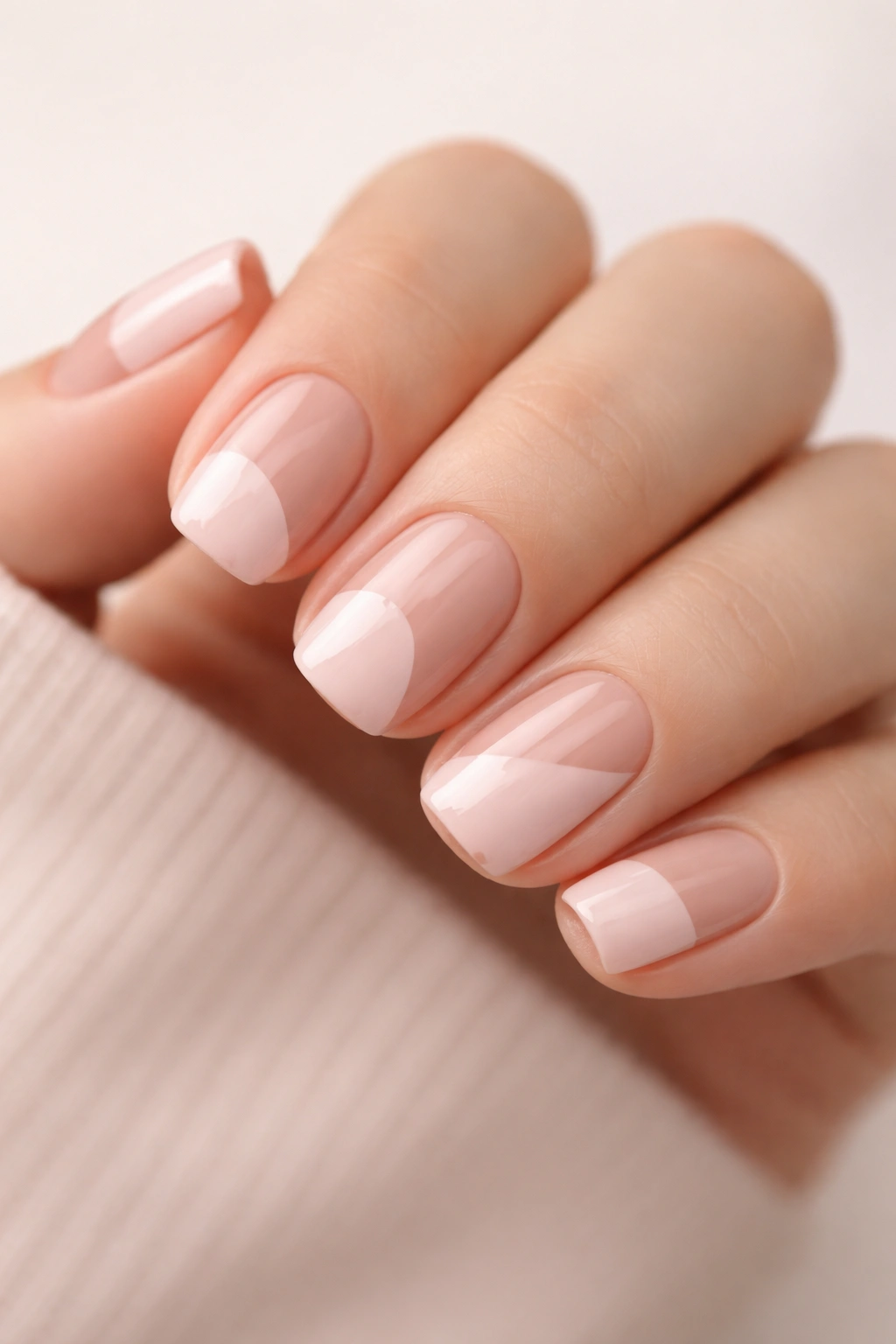 Close-up of blush pink nails with negative-space geometric cutouts on short squoval nails.