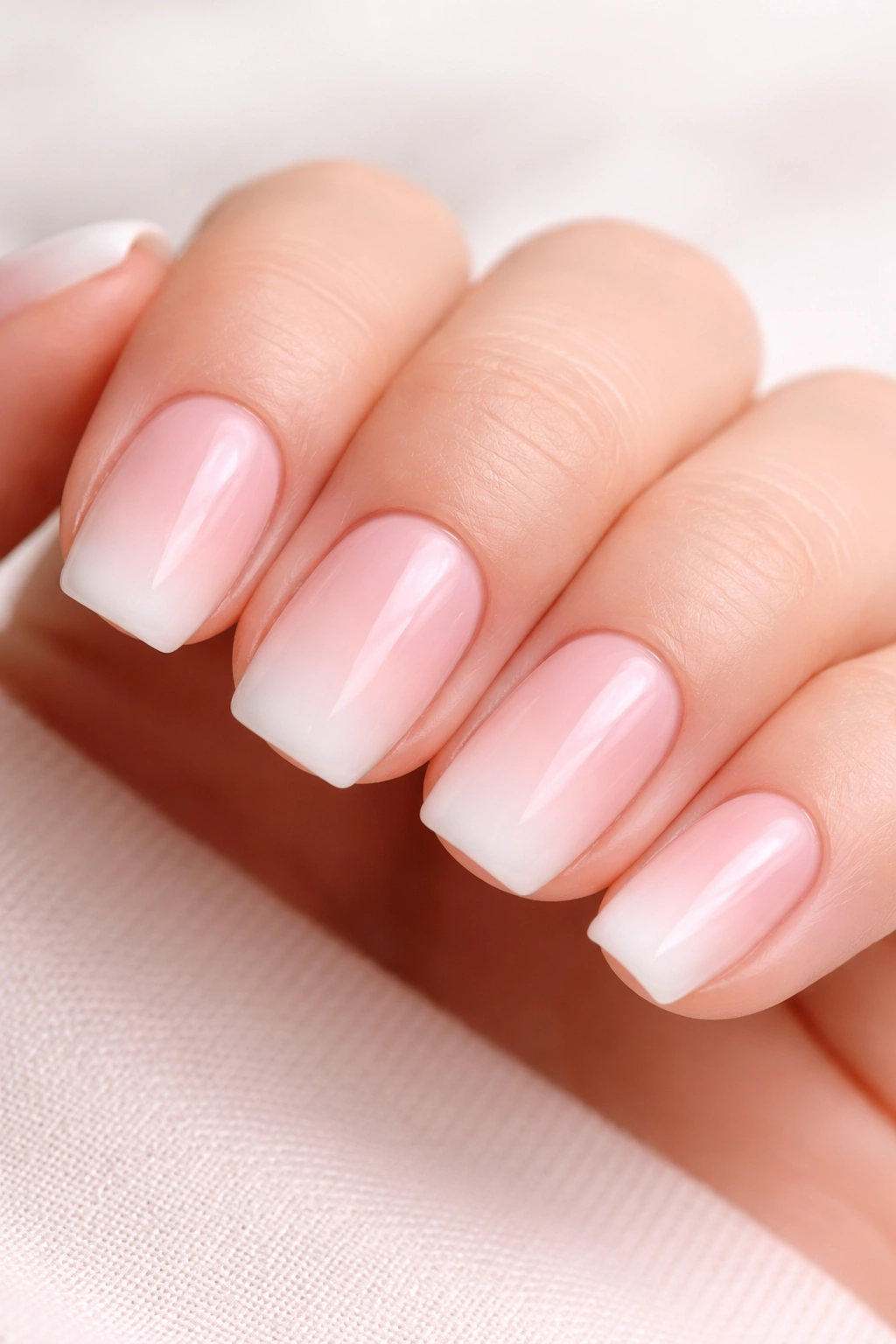 Close-up of blush pink to white ombre nails on short squoval nails