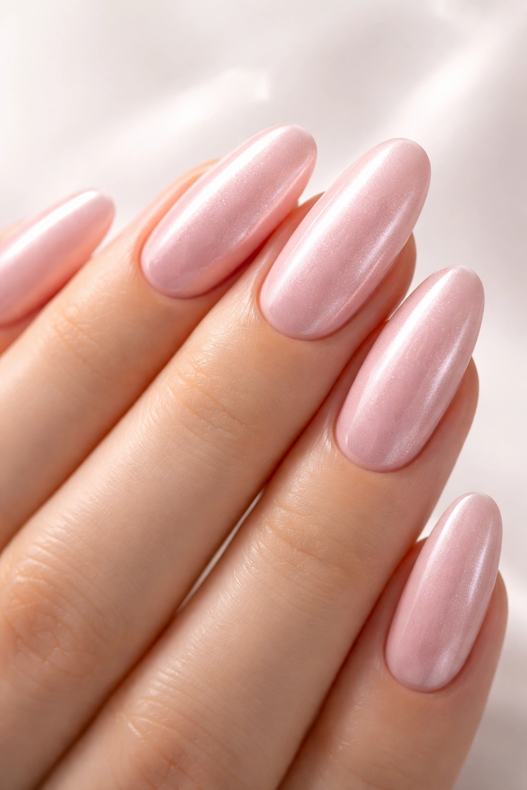 Close-up of blush pink long oval nails with pearl finish shimmer
