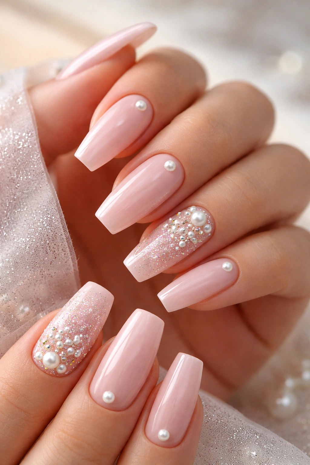 Close-up blush pink nails with pearl and glitter accents