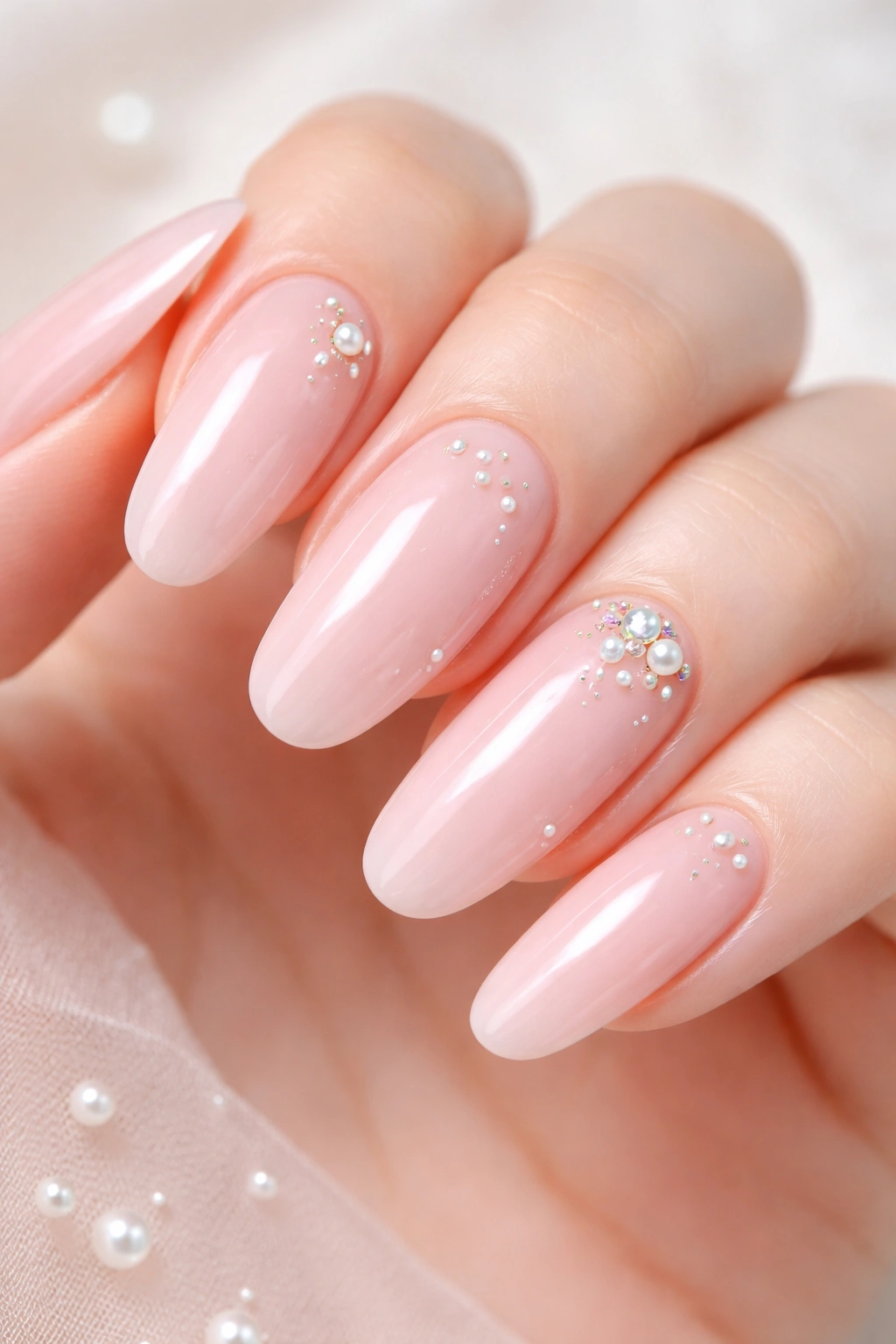 Close-up of blush pink nails with pearl and opal embellishments on long round nails