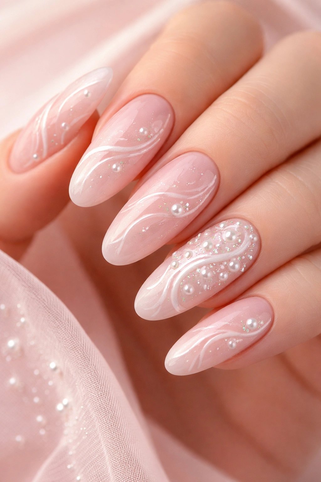 Nails in blush pink with white pearl swirl designs on long oval nails