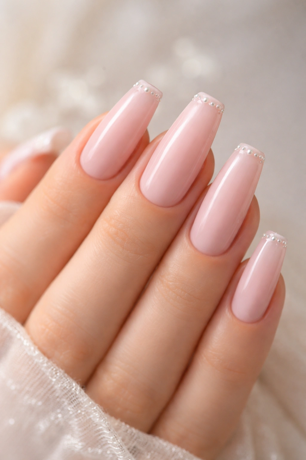 Close-up of coffin nails in blush pink with tiny pearl accents along the tips