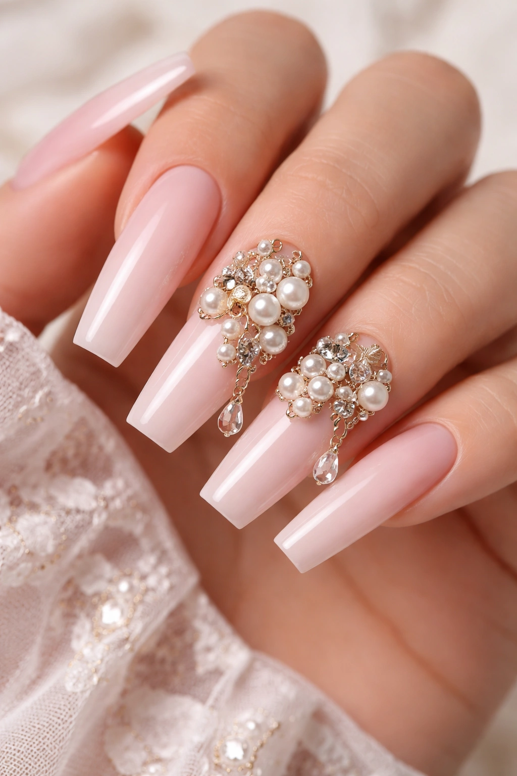 Close-up of blush pink coffin nails with clustered pearls crystals and metallic charms on select nails