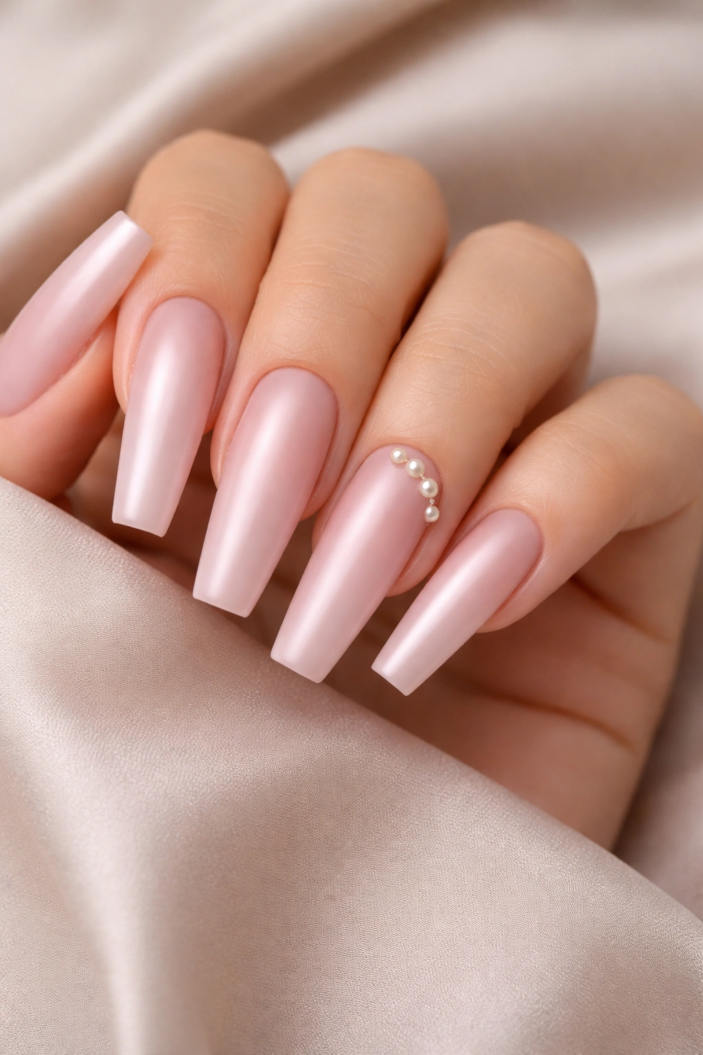 Close-up of blush pink coffin nails with pearl placements and a satin finish