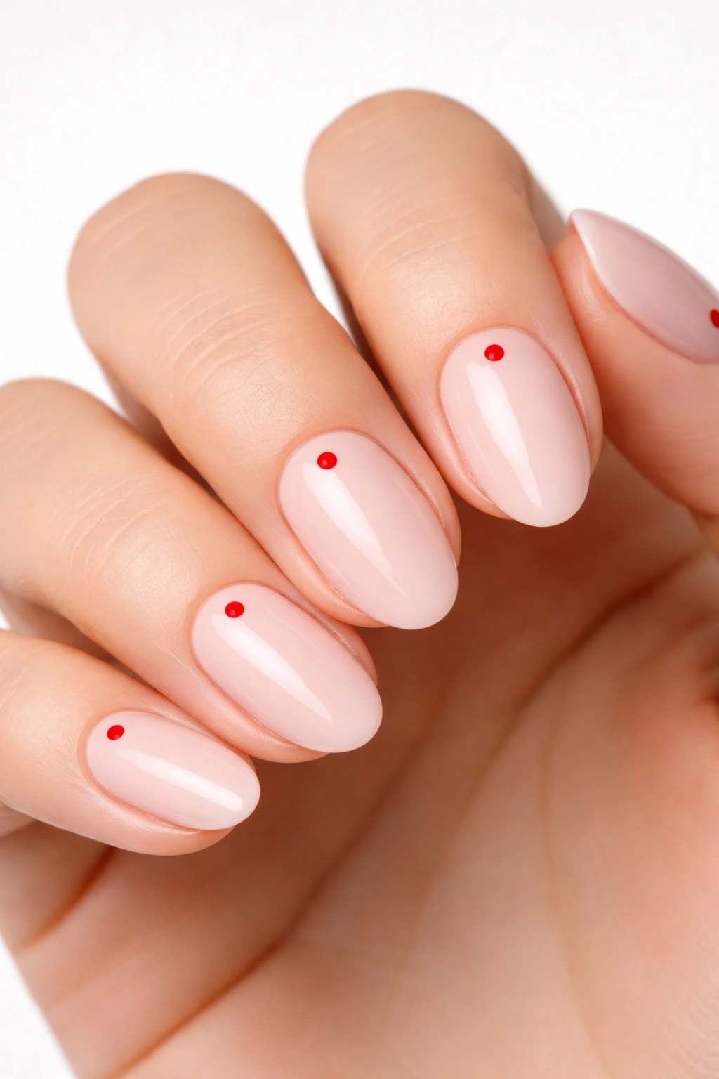 Close-up of blush pink nails with red dot details on short almond nails.