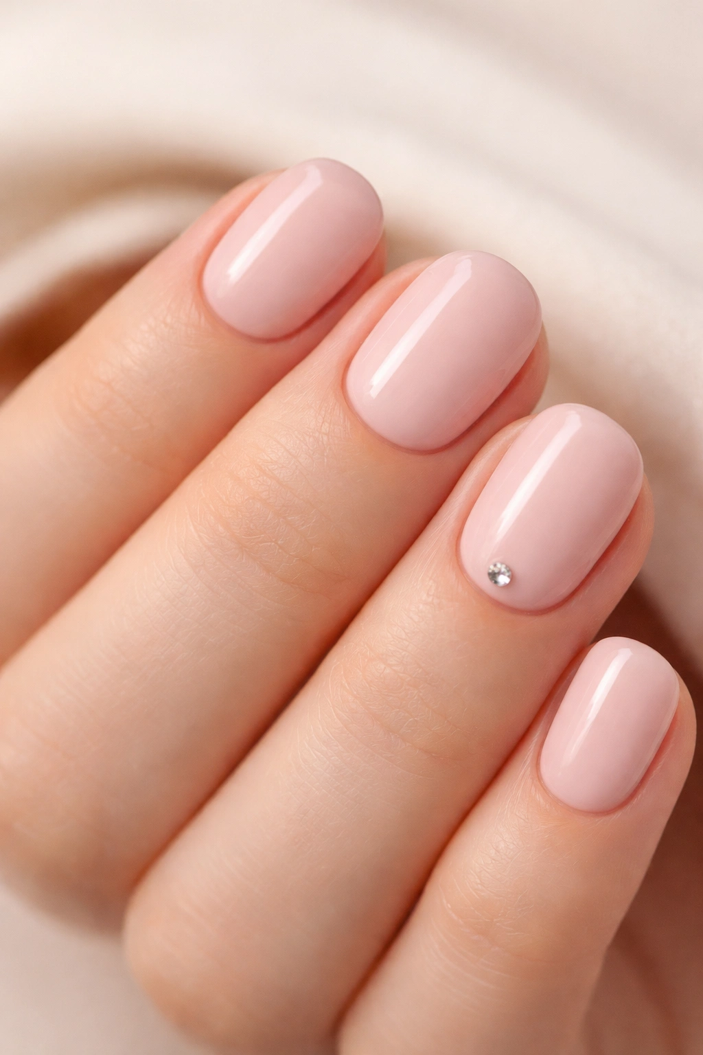 Blush pink nails with a single rhinestone on the ring finger
