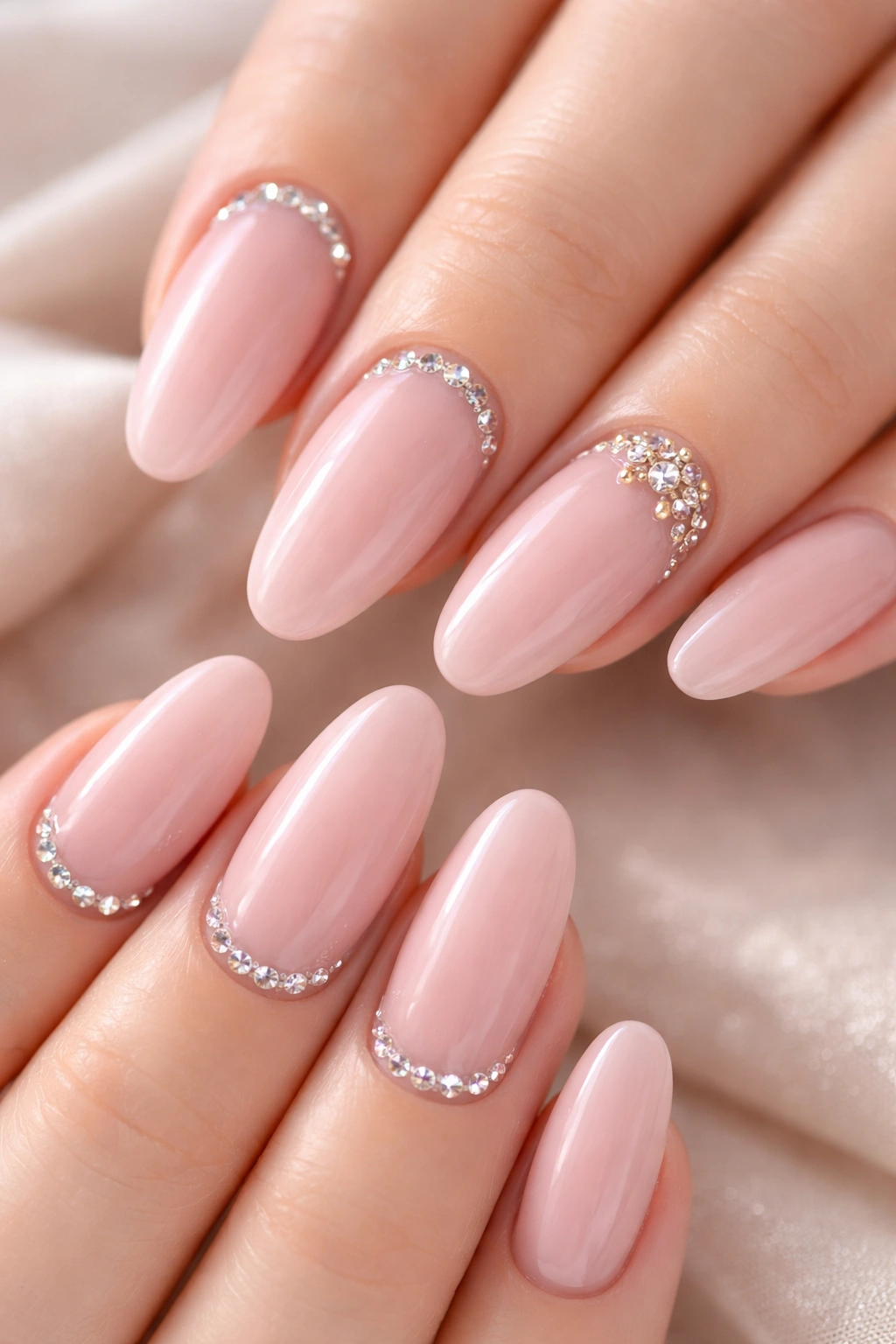Blush pink nails with rhinestones on long oval nails