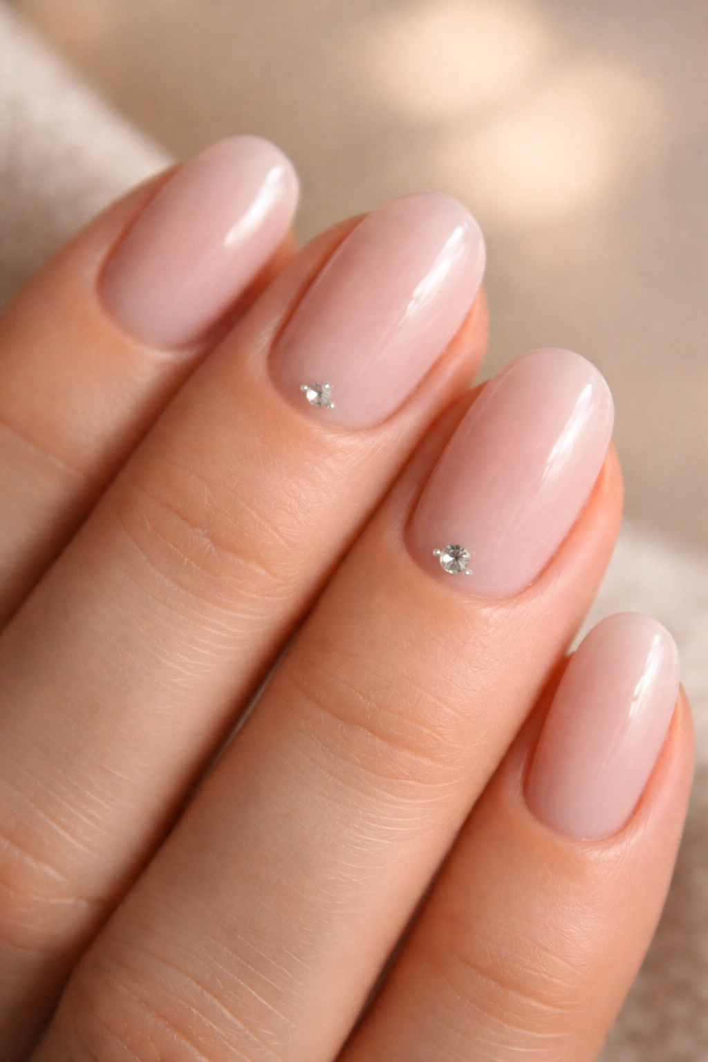 Blush pink short oval nails with tiny rhinestones near cuticle