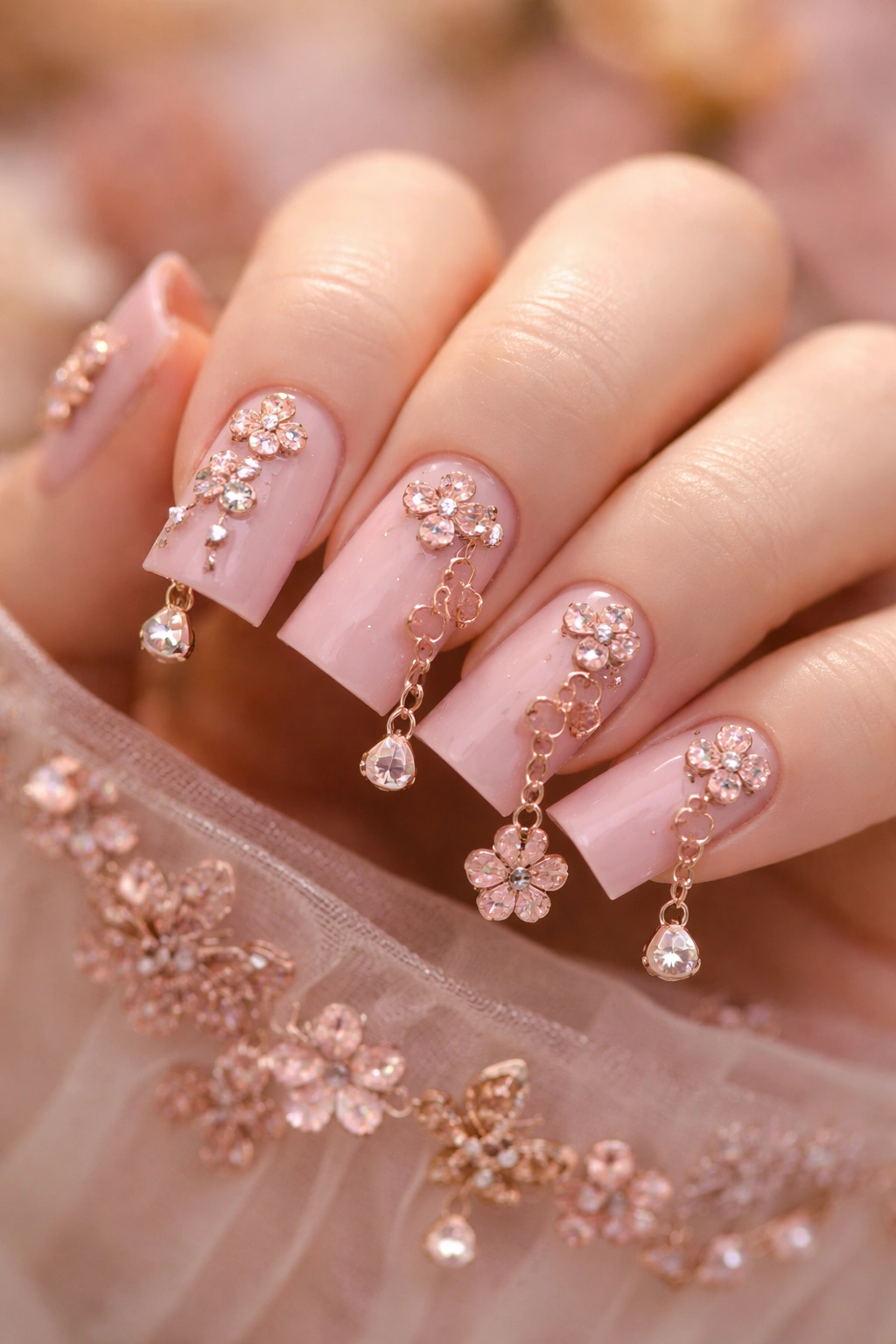 Blush pink nails with rose gold floral charms.