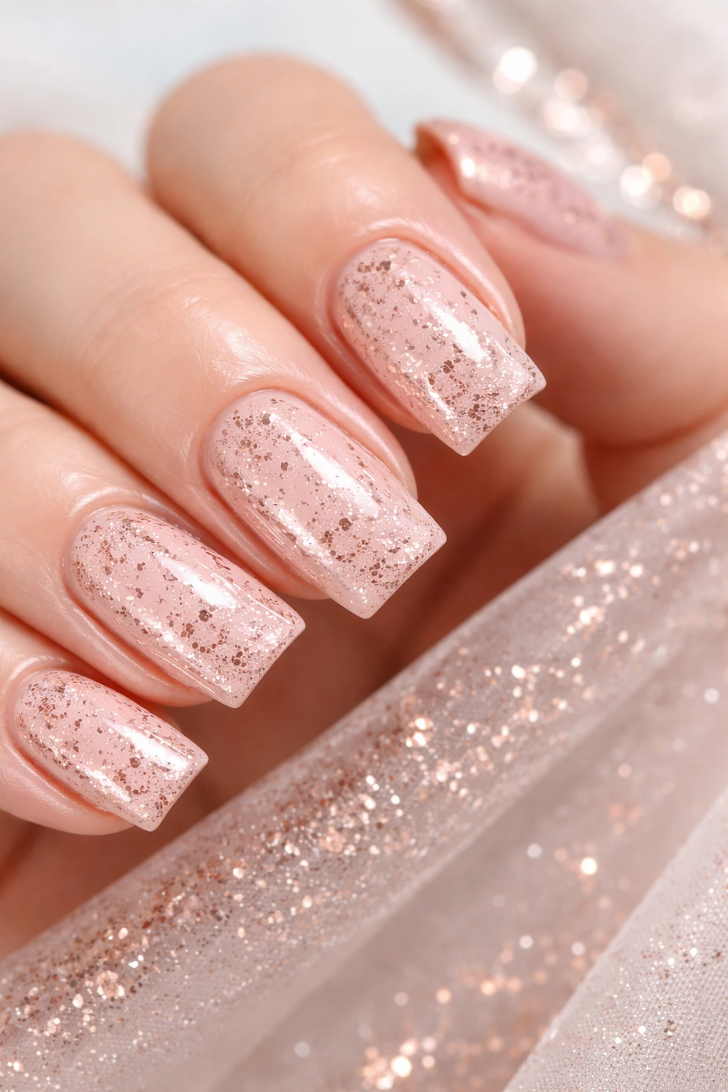 Blush pink nails with rose gold flecks