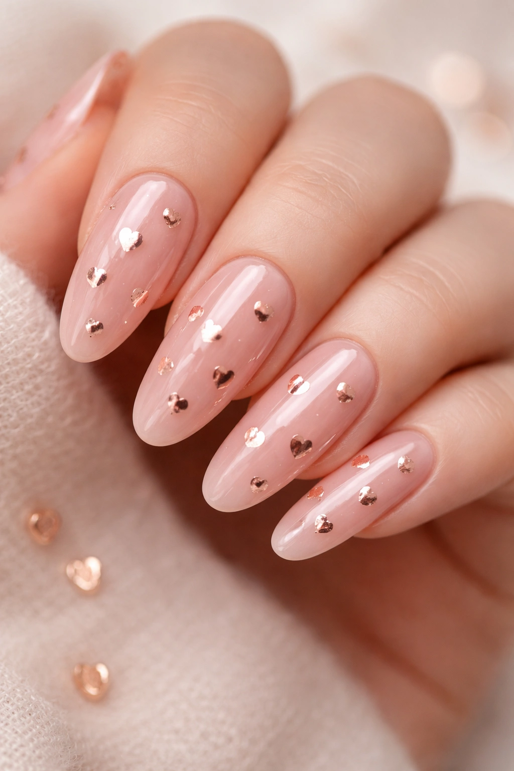 Close-up of blush pink nails with rose gold foil hearts