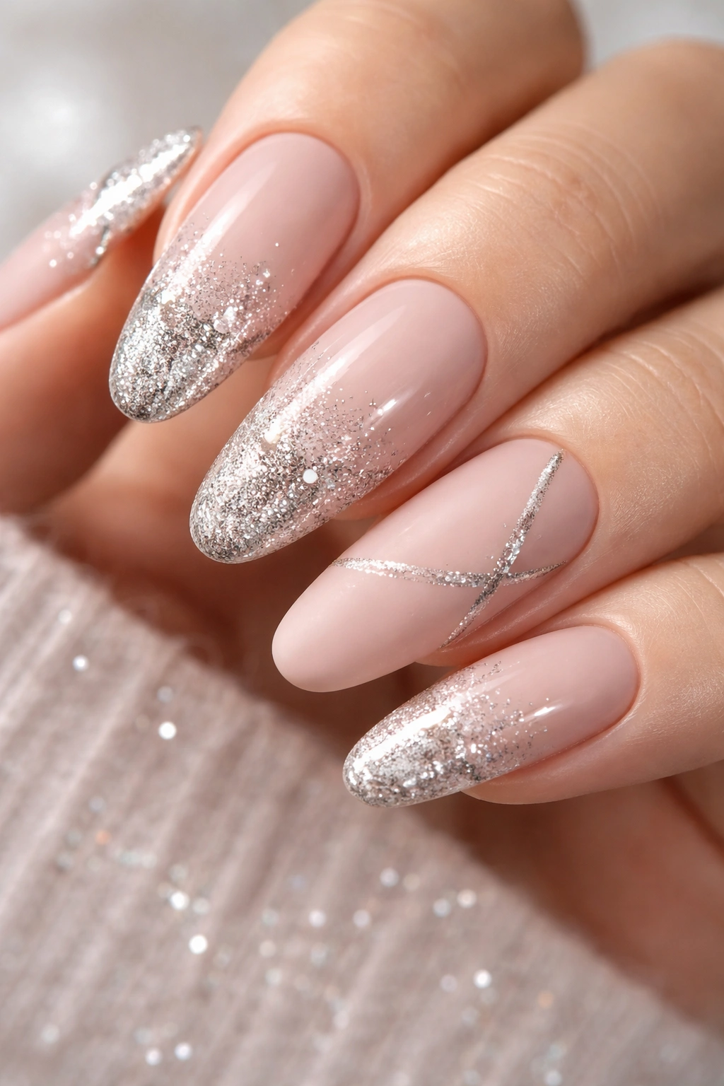 Close-up of blush pink nails with silver sparkle tips and matte accents
