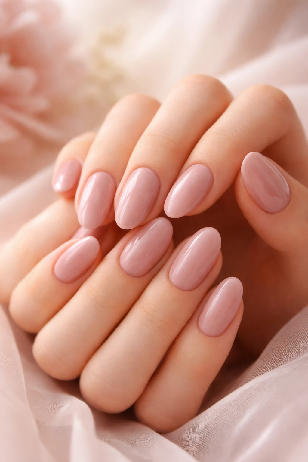 Close-up of soft blush pink nails in dusty rose tones